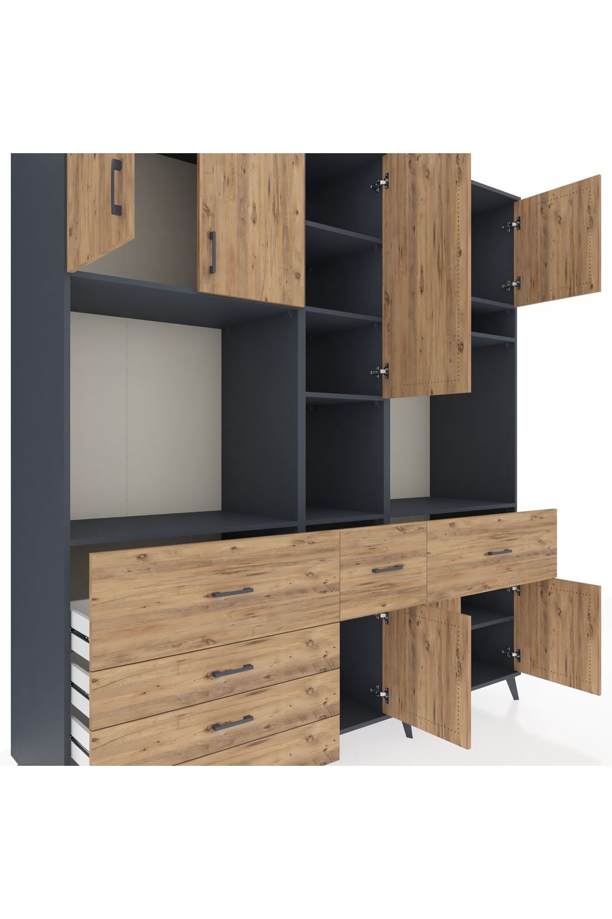 Kronos Dolap 10 Raflı 6 Çekmeceli 8 Kapaklı 220x59x243 Antrasit-Çam/Çam