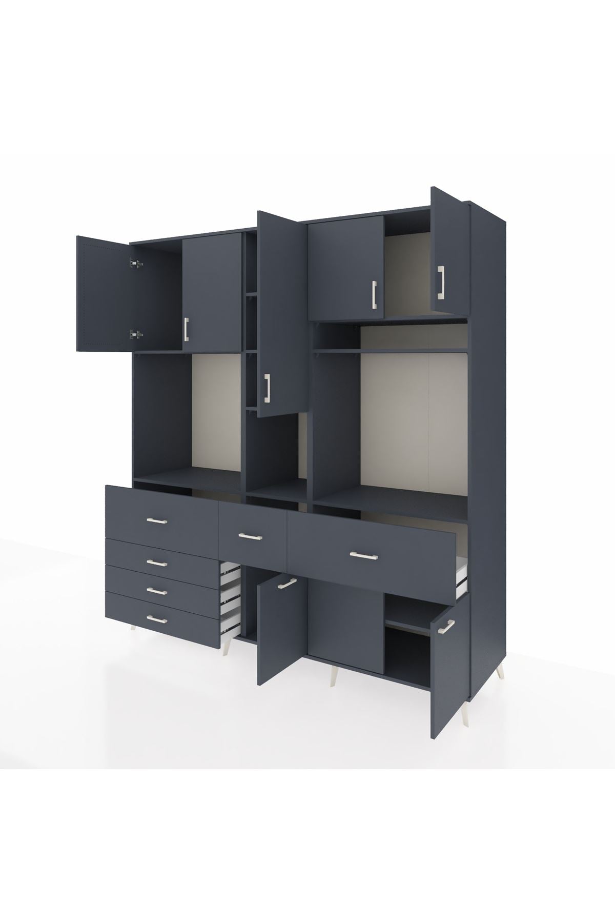 Kronos Dolap 10 Raflı 6 Çekmeceli 8 Kapaklı 220x59x243 Antrasit-Antrasit/Antrasit