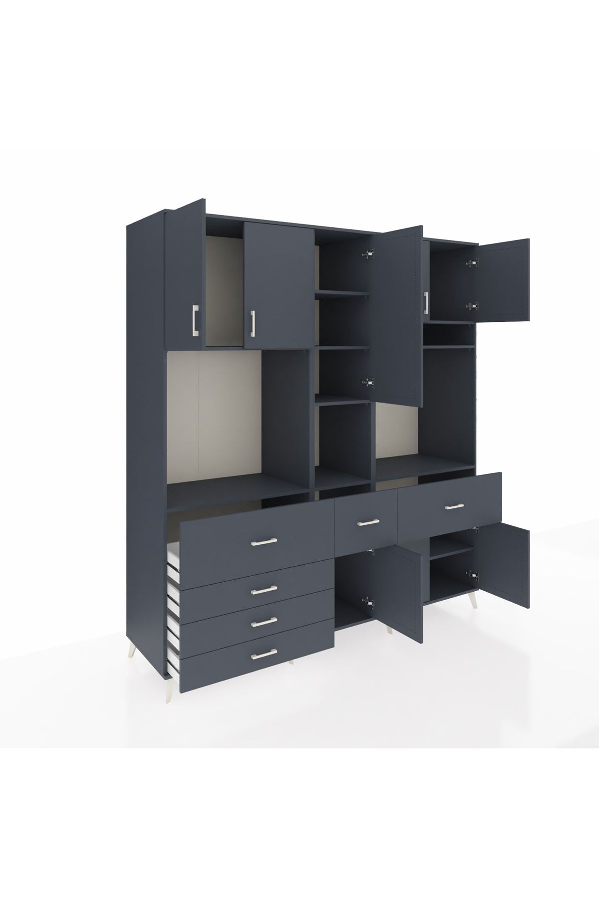 Kronos Dolap 10 Raflı 6 Çekmeceli 8 Kapaklı 220x59x243 Antrasit-Antrasit/Antrasit