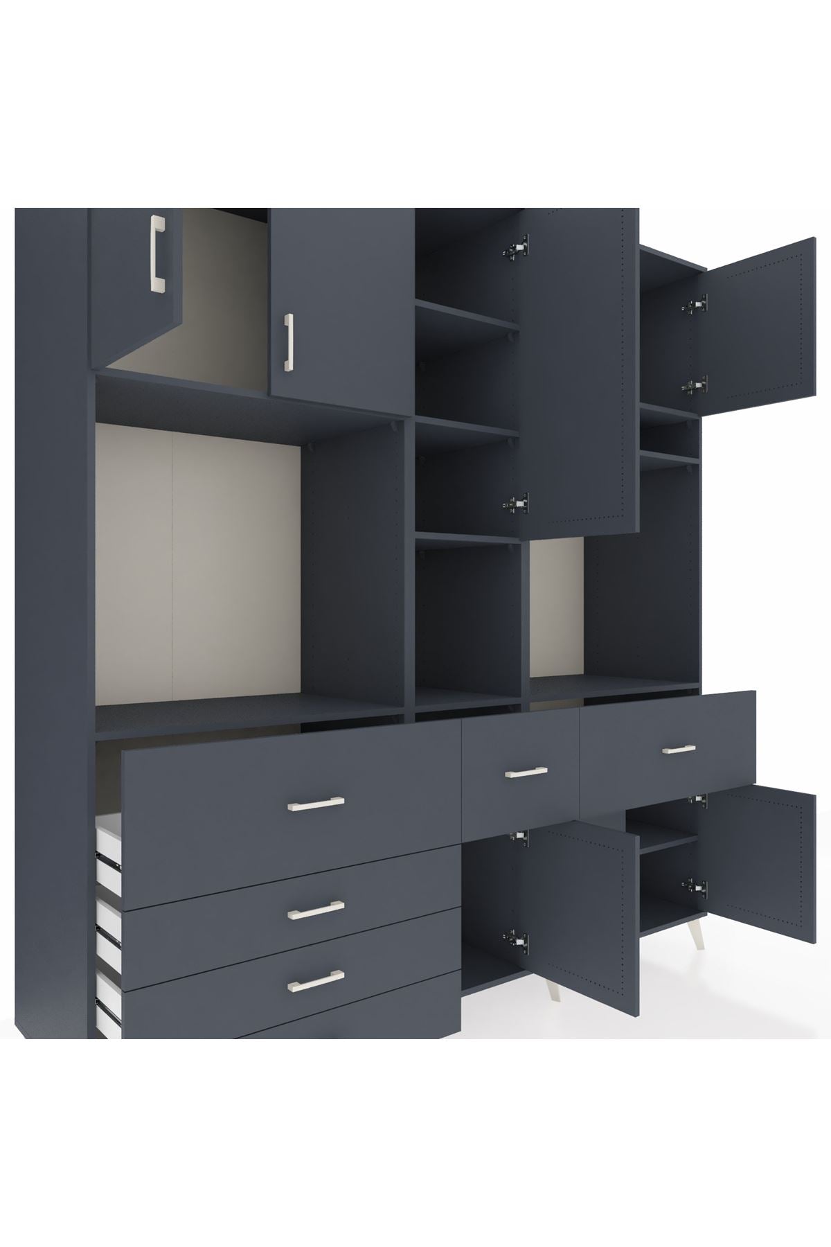 Kronos Dolap 10 Raflı 6 Çekmeceli 8 Kapaklı 220x59x243 Antrasit-Antrasit/Antrasit