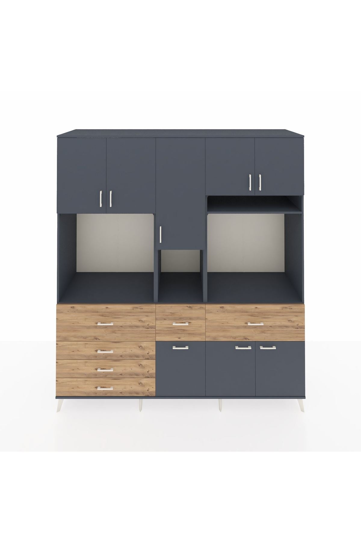 Kronos Dolap 10 Raflı 6 Çekmeceli 8 Kapaklı 220x59x243 Antrasit-Antrasit/Çam