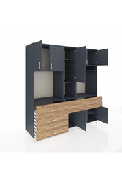 Kronos Dolap 10 Raflı 6 Çekmeceli 8 Kapaklı 220x59x243 Antrasit-Antrasit/Çam