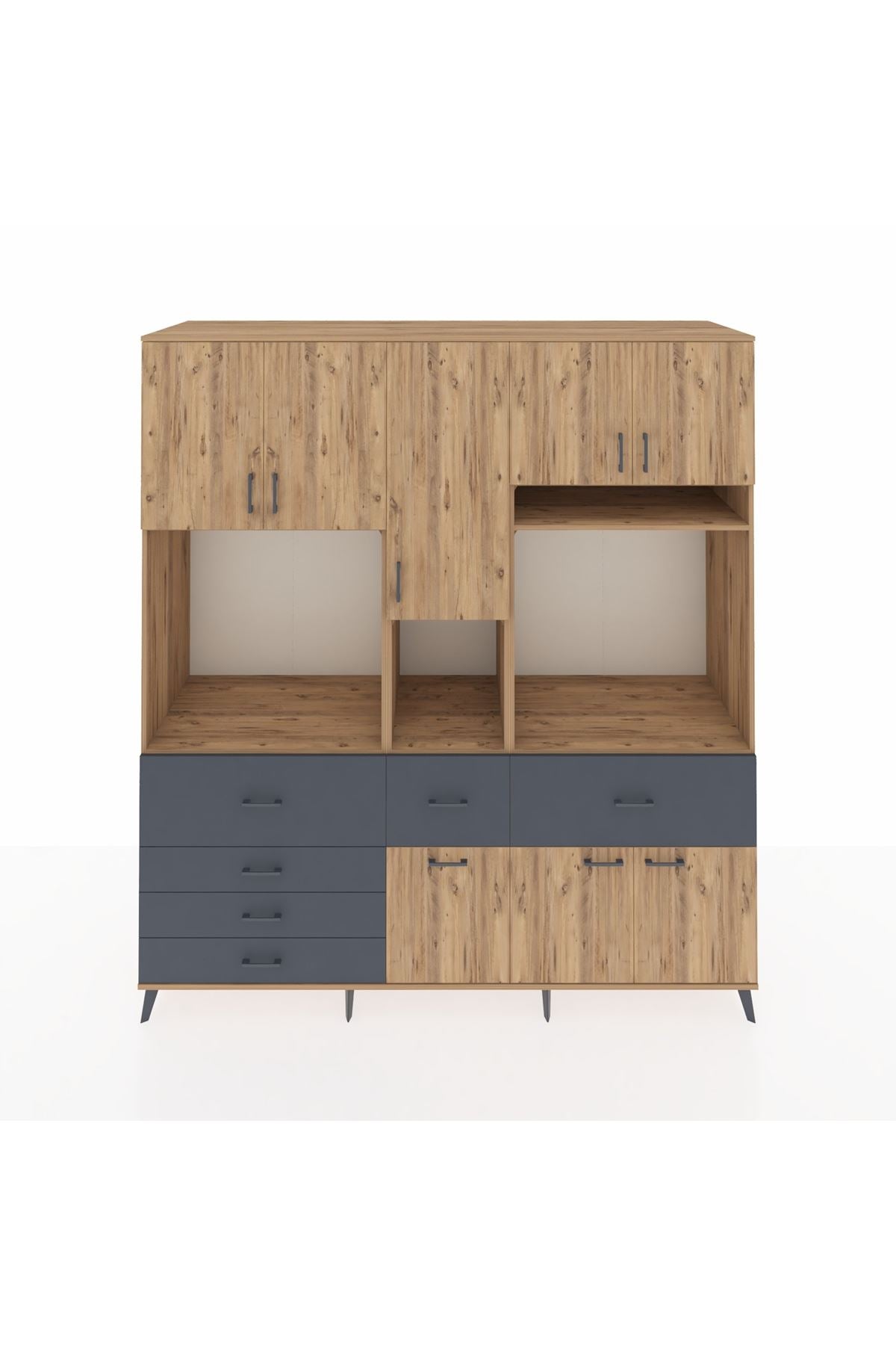 Kronos Dolap 10 Raflı 6 Çekmeceli 8 Kapaklı 220x59x243 Çam-Çam/Antrasit