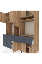 Kronos Dolap 10 Raflı 6 Çekmeceli 8 Kapaklı 220x59x243 Çam-Çam/Antrasit