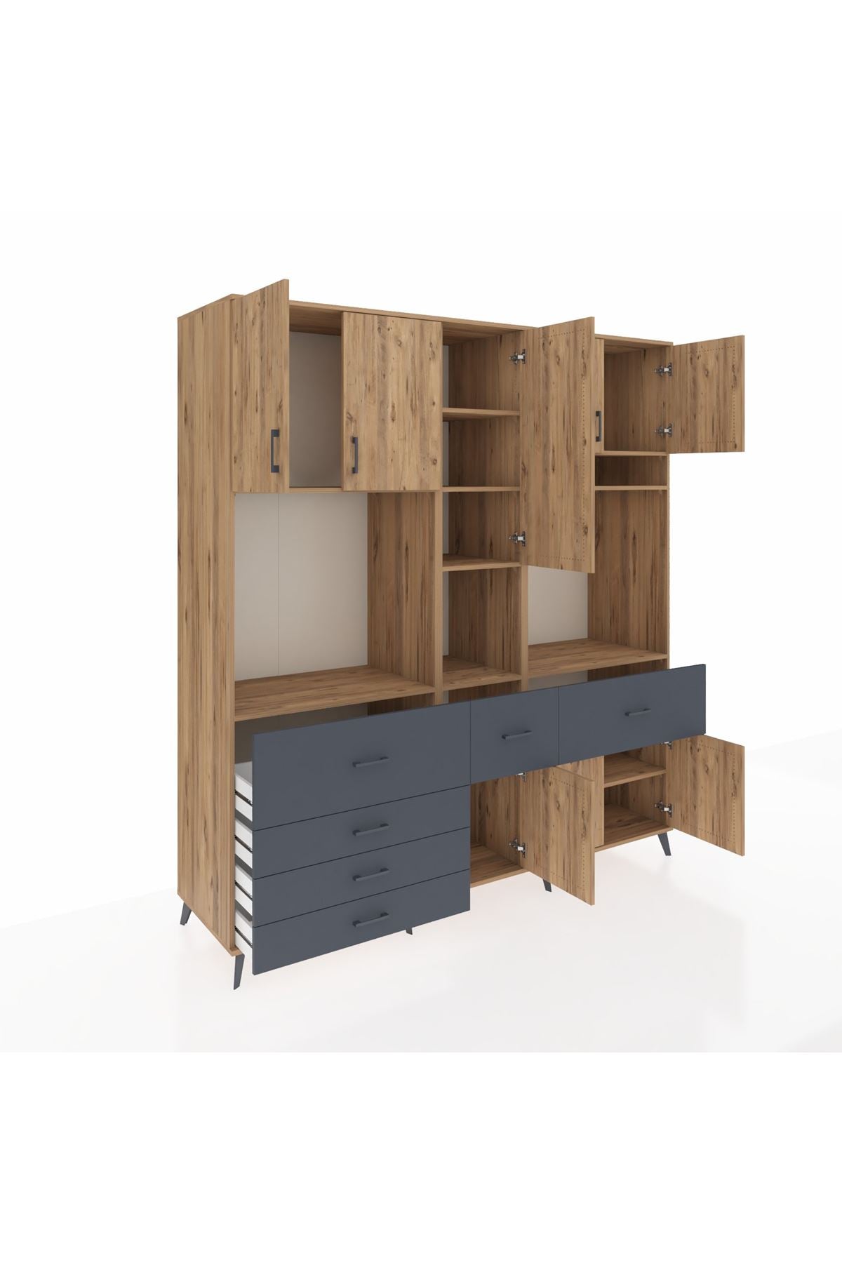 Kronos Dolap 10 Raflı 6 Çekmeceli 8 Kapaklı 220x59x243 Çam-Çam/Antrasit