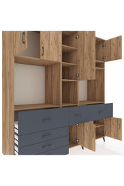 Kronos Dolap 10 Raflı 6 Çekmeceli 8 Kapaklı 220x59x243 Çam-Çam/Antrasit