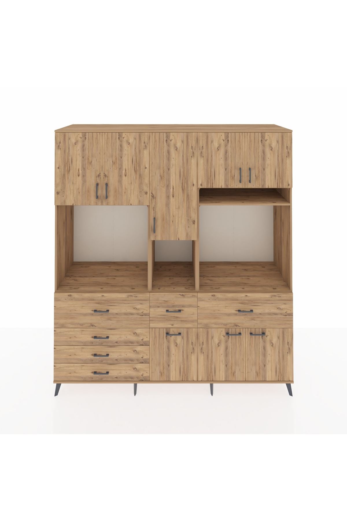 Kronos Dolap 10 Raflı 6 Çekmeceli 8 Kapaklı 220x59x243 Çam-Çam/Çam