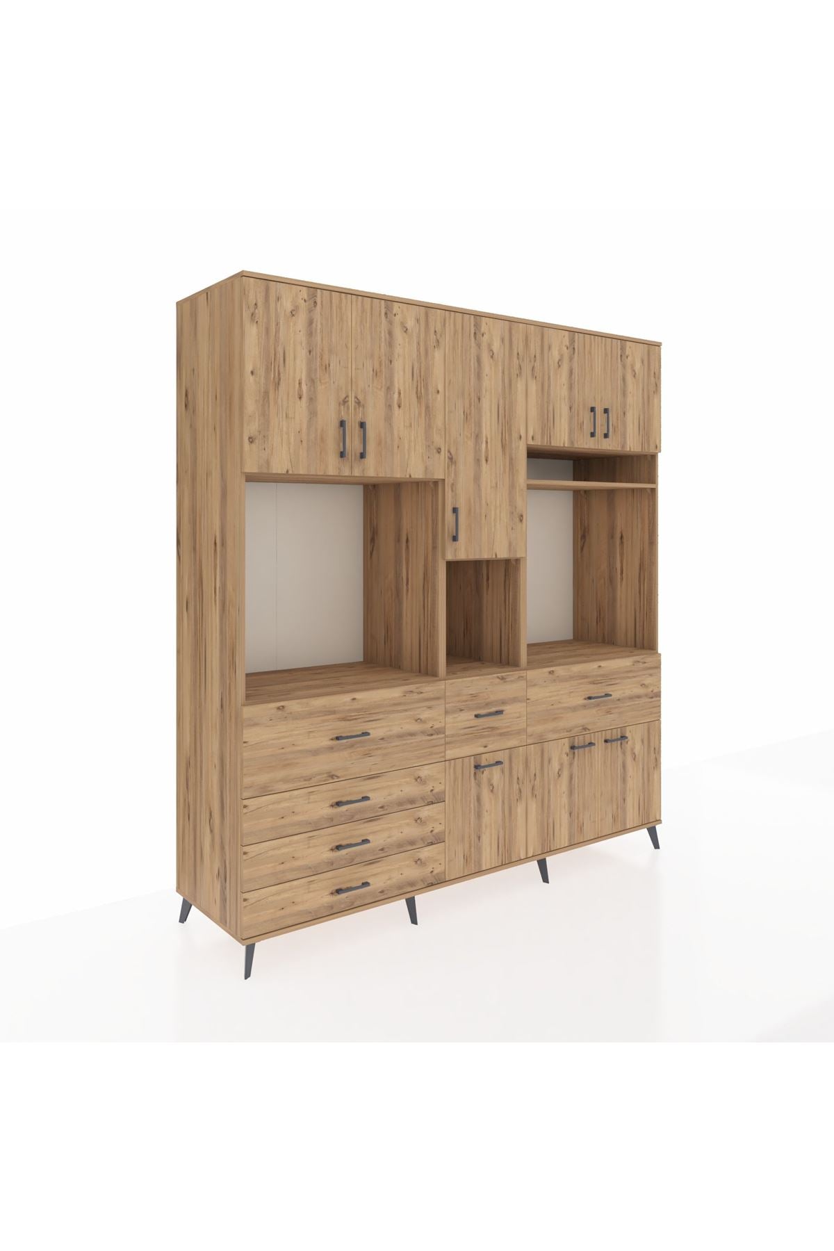 Kronos Dolap 10 Raflı 6 Çekmeceli 8 Kapaklı 220x59x243 Çam-Çam/Çam