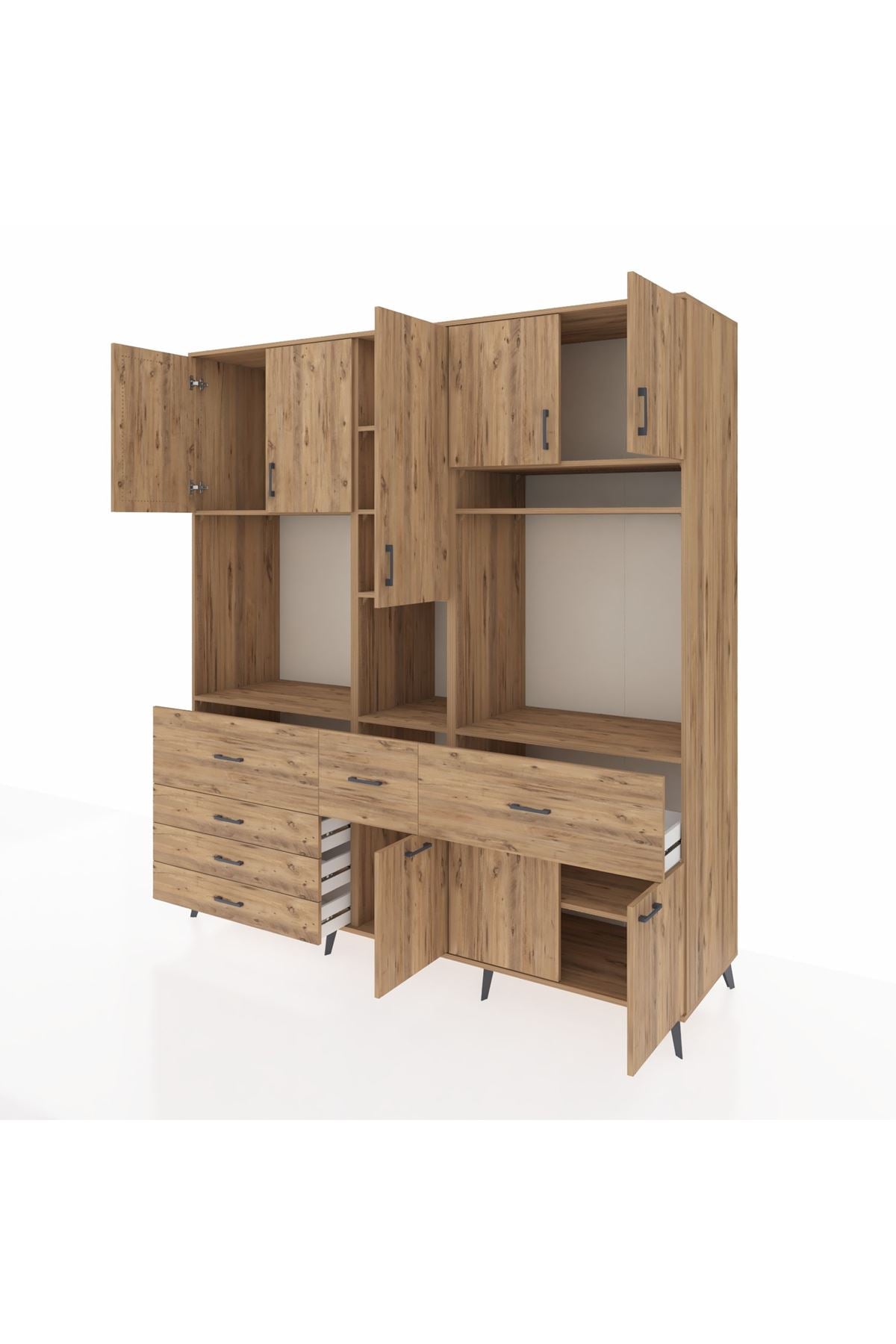 Kronos Dolap 10 Raflı 6 Çekmeceli 8 Kapaklı 220x59x243 Çam-Çam/Çam