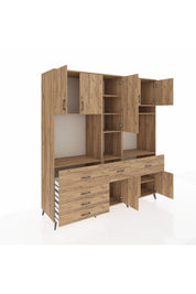 Kronos Dolap 10 Raflı 6 Çekmeceli 8 Kapaklı 220x59x243 Çam-Çam/Çam