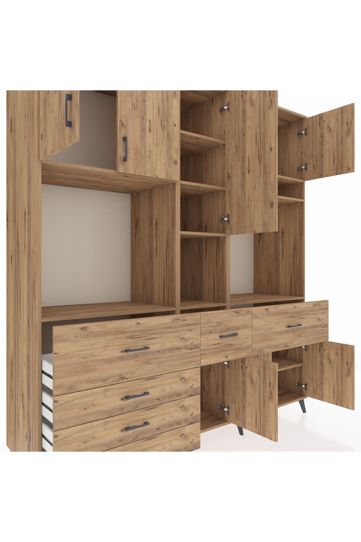 Kronos Dolap 10 Raflı 6 Çekmeceli 8 Kapaklı 220x59x243 Çam-Çam/Çam