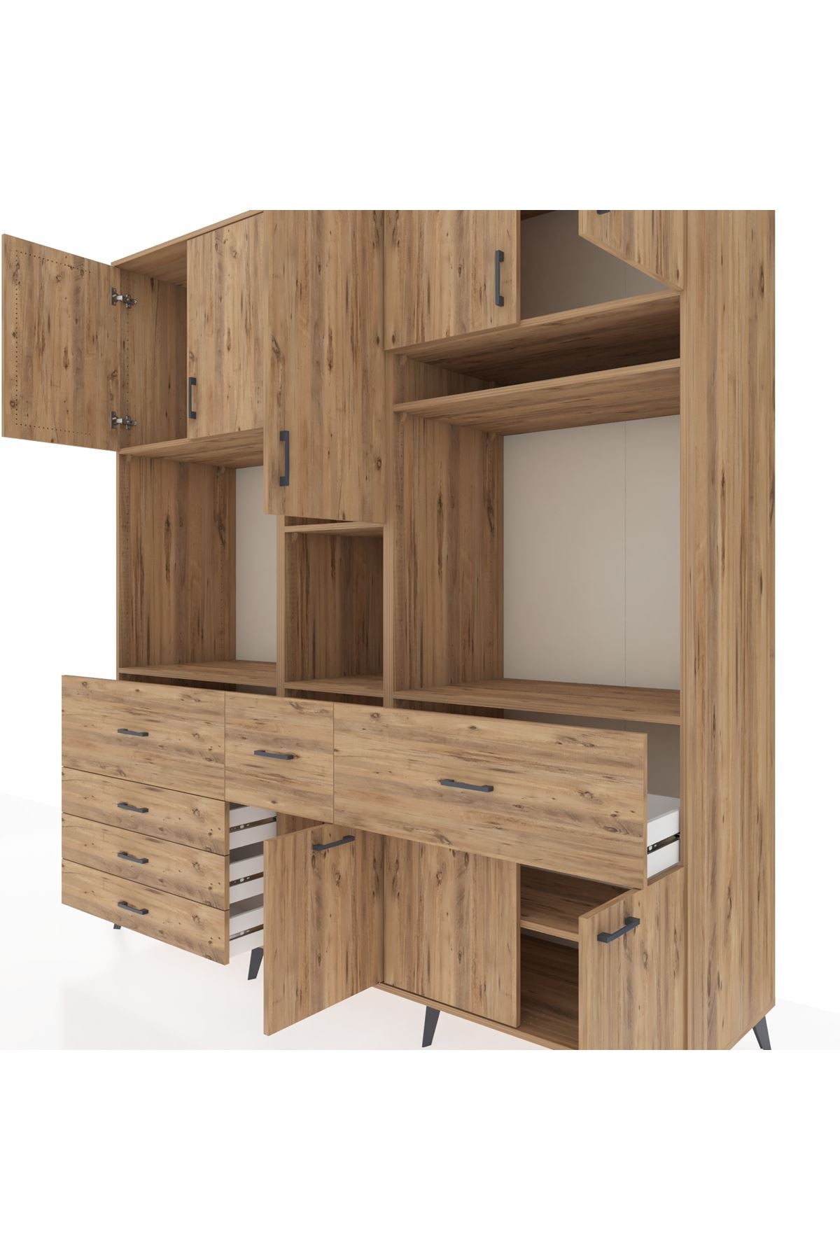 Kronos Dolap 10 Raflı 6 Çekmeceli 8 Kapaklı 220x59x243 Çam-Çam/Çam