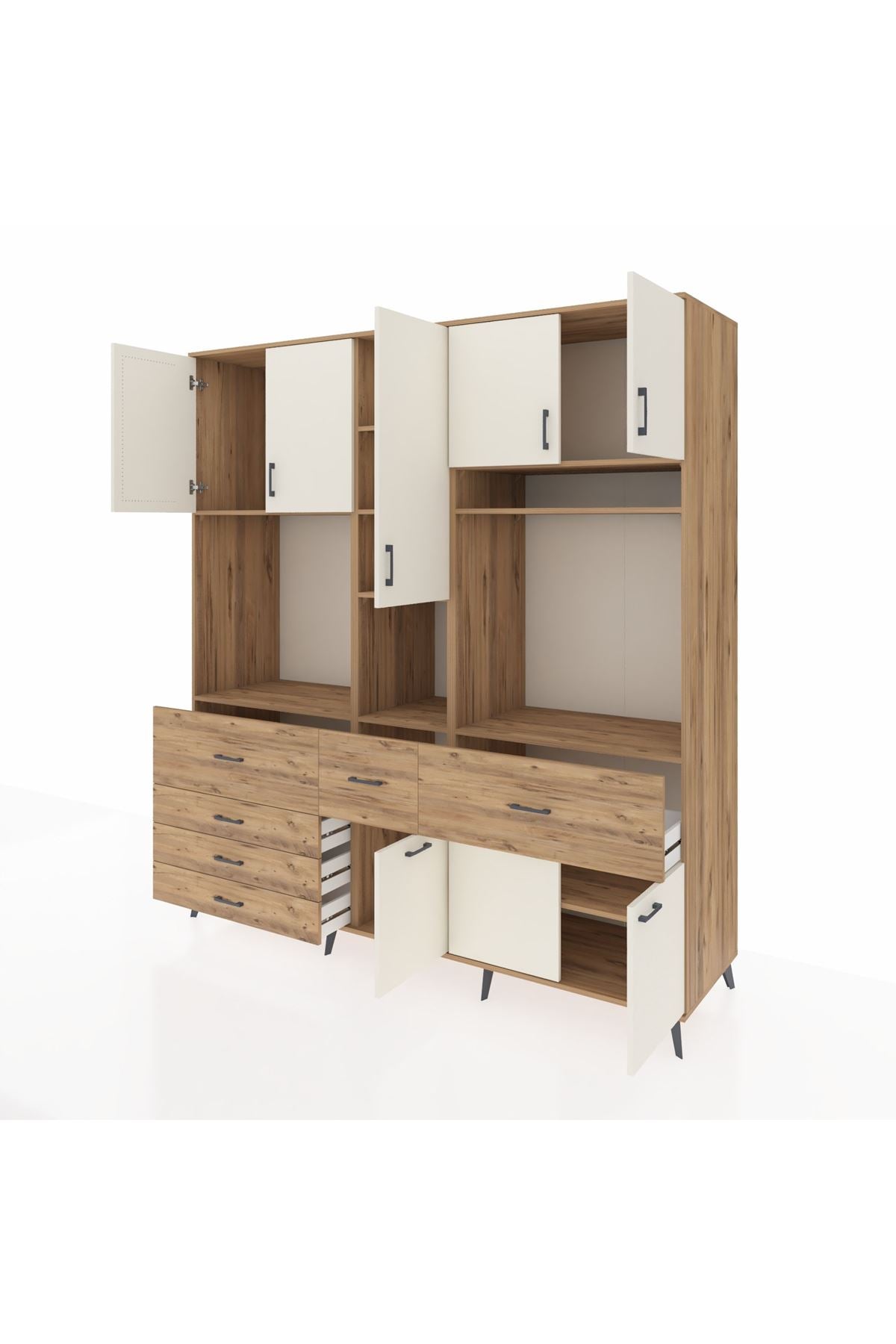 Kronos Dolap 10 Raflı 6 Çekmeceli 8 Kapaklı 220x59x243 Çam-Aytaşı/Çam