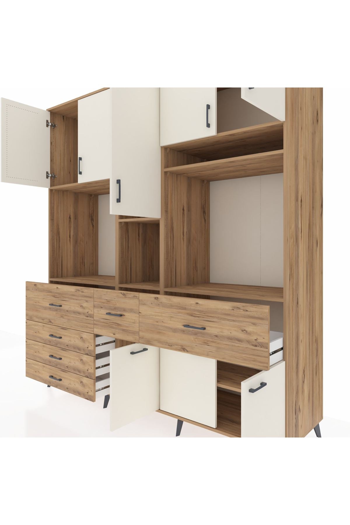 Kronos Dolap 10 Raflı 6 Çekmeceli 8 Kapaklı 220x59x243 Çam-Aytaşı/Çam