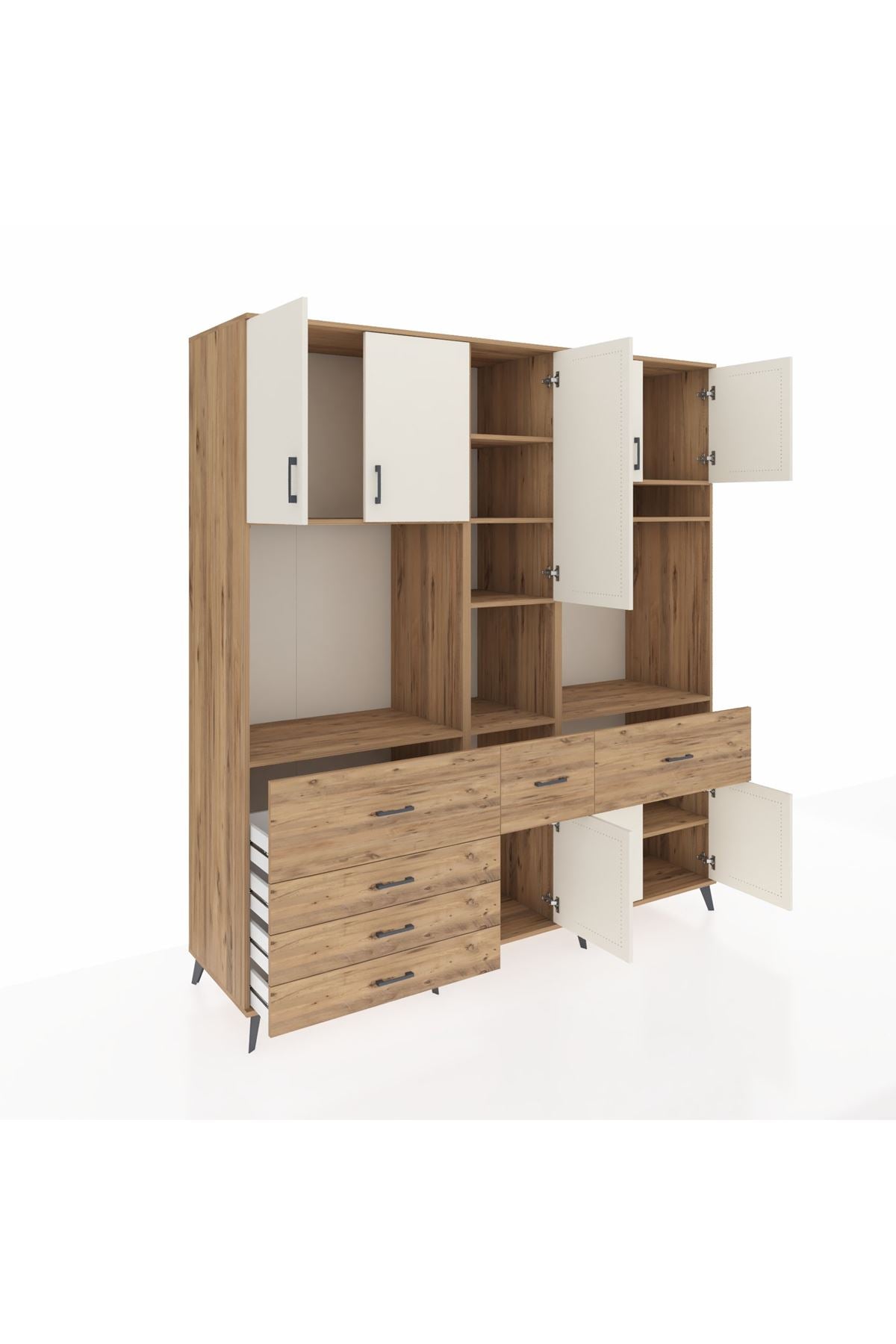 Kronos Dolap 10 Raflı 6 Çekmeceli 8 Kapaklı 220x59x243 Çam-Aytaşı/Çam