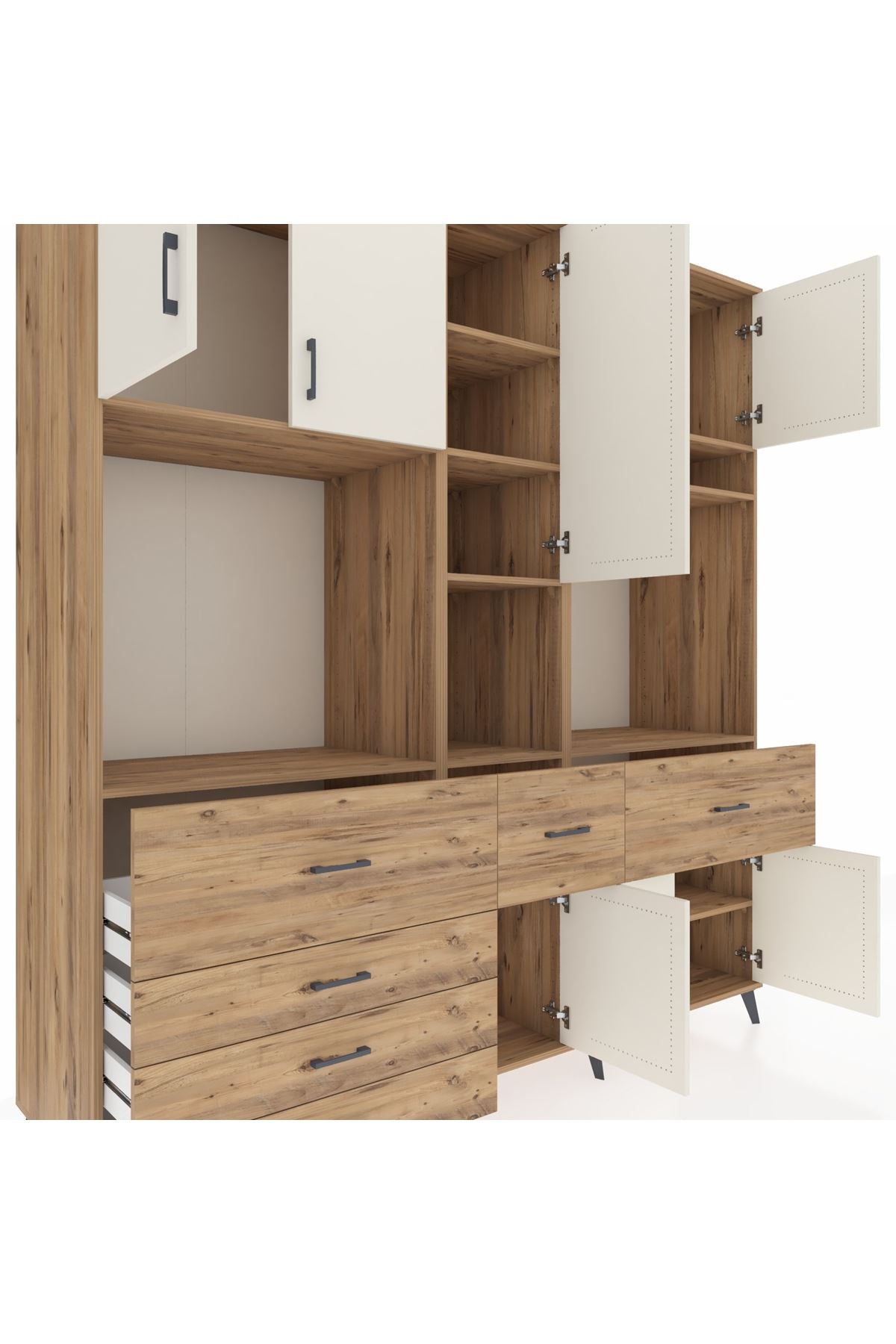 Kronos Dolap 10 Raflı 6 Çekmeceli 8 Kapaklı 220x59x243 Çam-Aytaşı/Çam