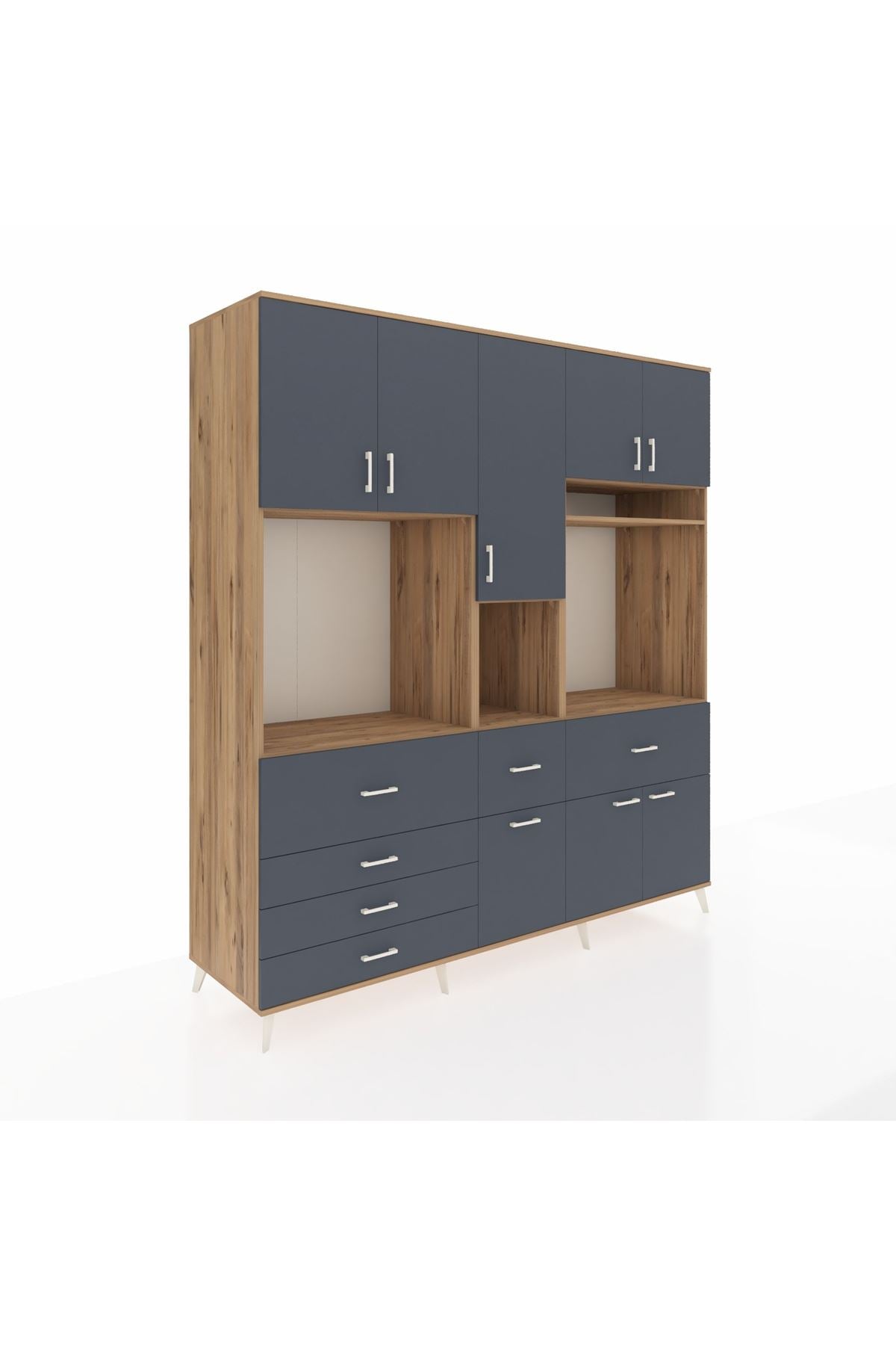 Kronos Dolap 10 Raflı 6 Çekmeceli 8 Kapaklı 220x59x243 Çam-Antrasit/Antrasit