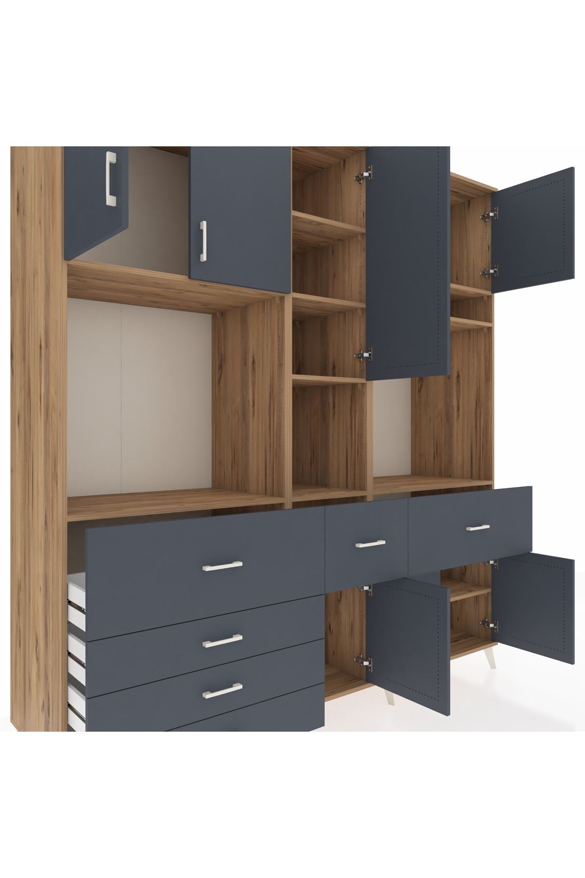 Kronos Dolap 10 Raflı 6 Çekmeceli 8 Kapaklı 220x59x243 Çam-Antrasit/Antrasit