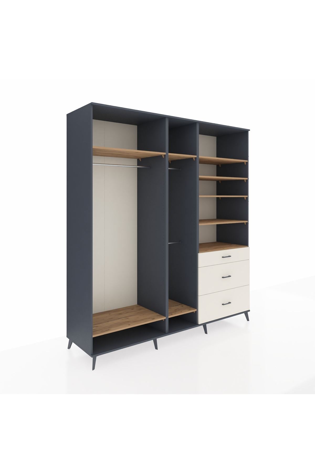 Kronos Dolap 9 Raflı 3 Çekmeceli 3 Askılı 220x59x243 Antrasit-Çam/Aytaşı