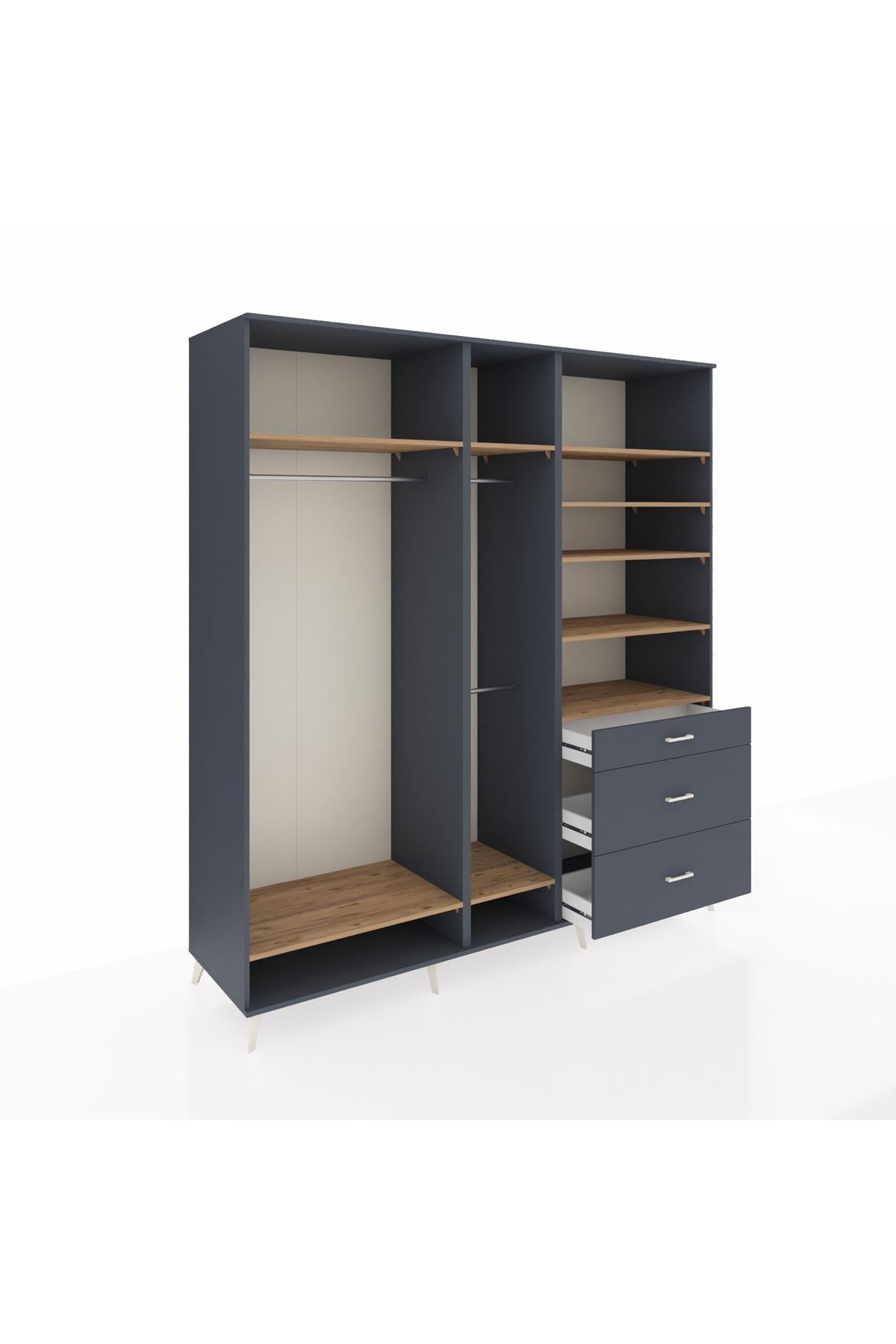 Kronos Dolap 9 Raflı 3 Çekmeceli 3 Askılı 220x59x243 Antrasit-Çam/Antrasit