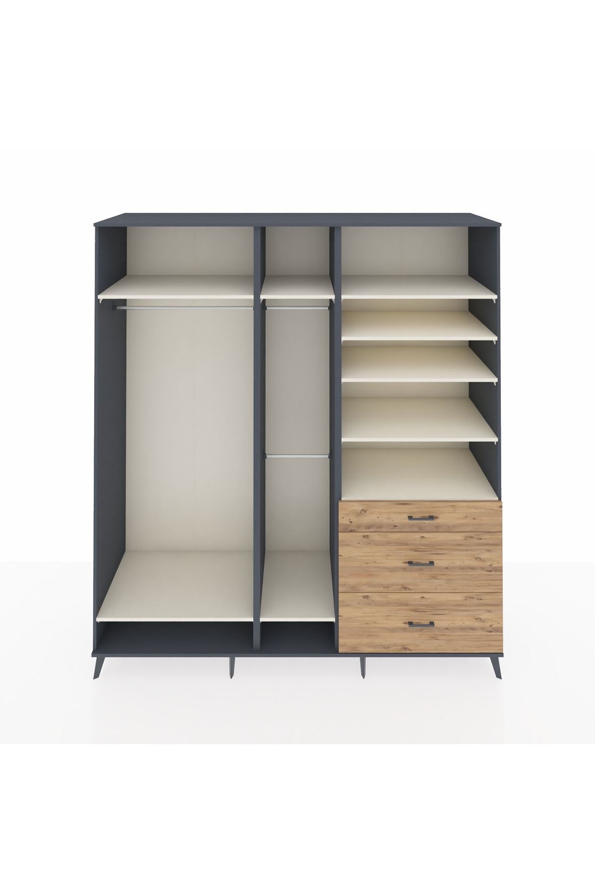 Kronos Dolap 9 Raflı 3 Çekmeceli 3 Askılı 220x59x243 Antrasit-Aytaşı/Çam