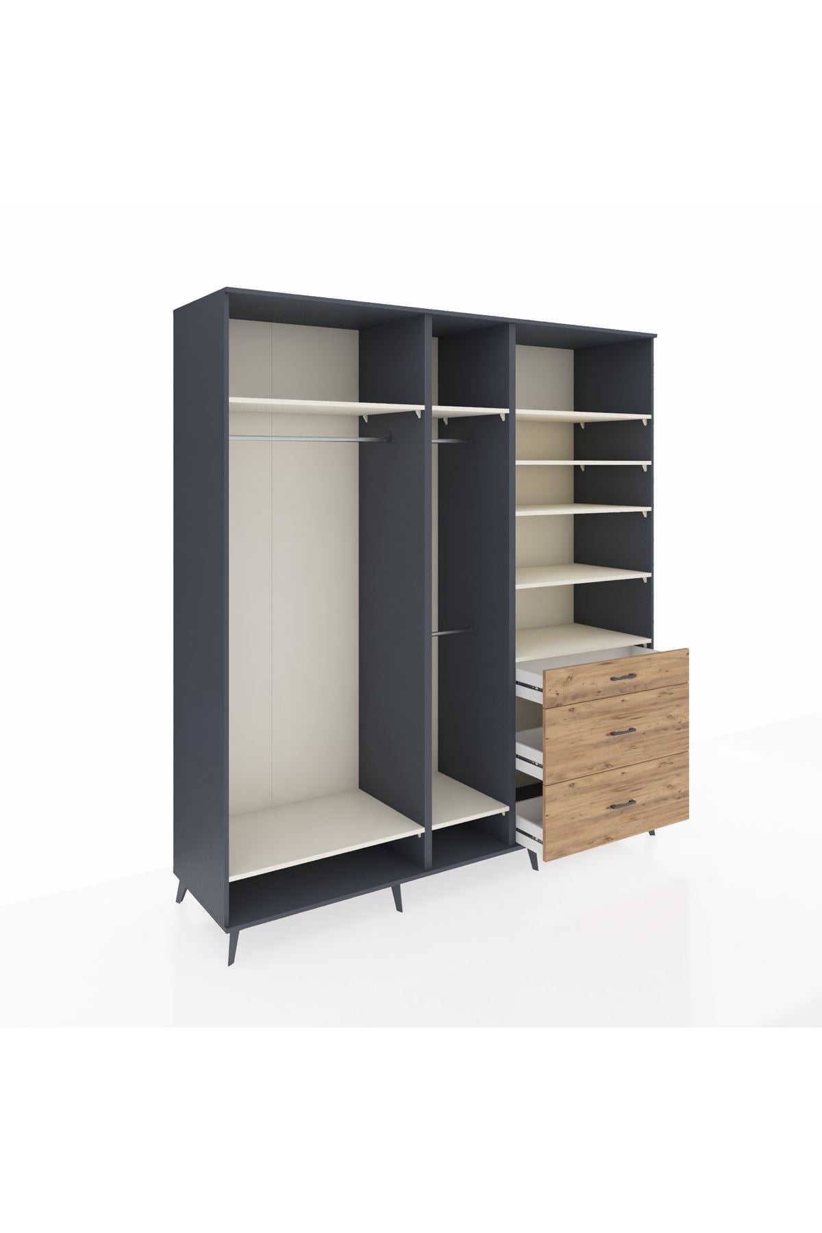 Kronos Dolap 9 Raflı 3 Çekmeceli 3 Askılı 220x59x243 Antrasit-Aytaşı/Çam