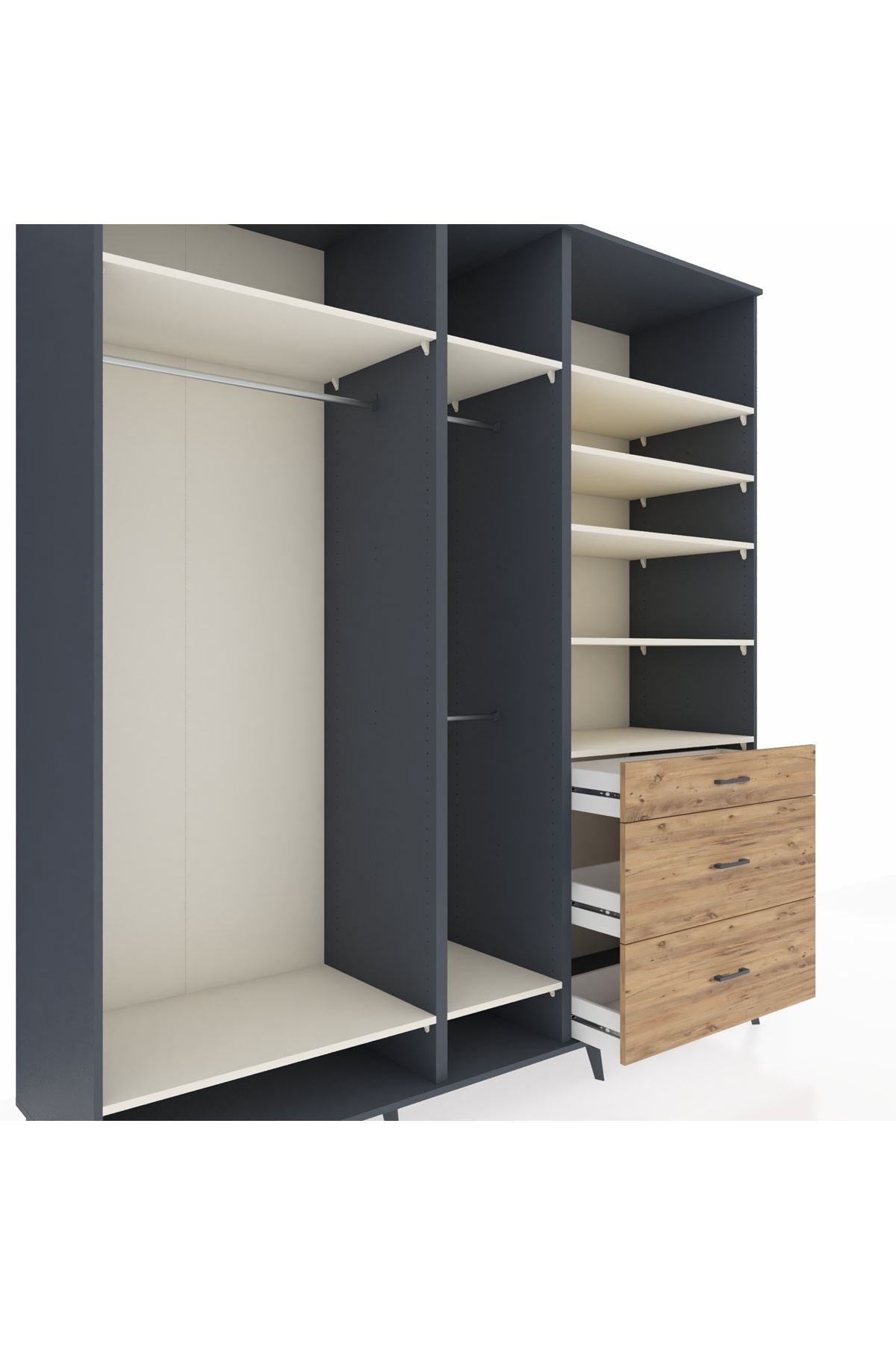 Kronos Dolap 9 Raflı 3 Çekmeceli 3 Askılı 220x59x243 Antrasit-Aytaşı/Çam