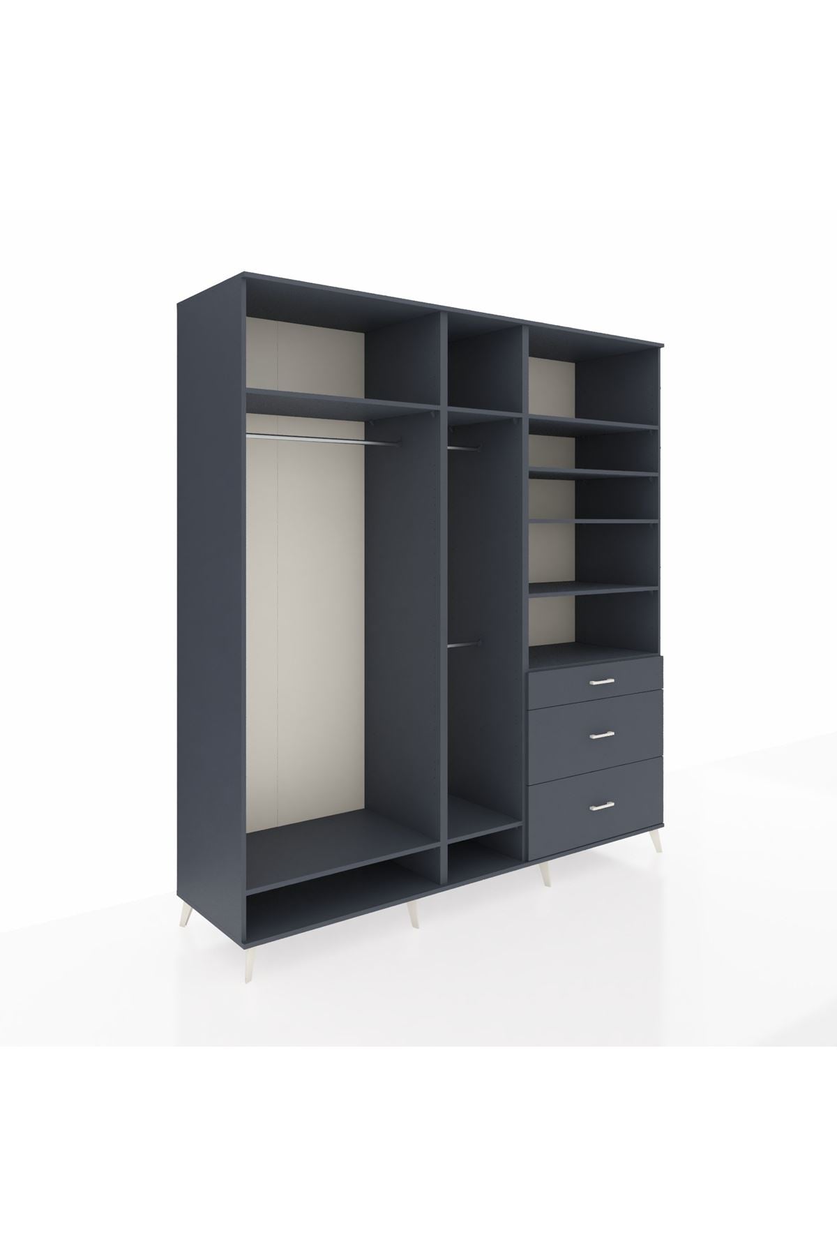 Kronos Dolap 9 Raflı 3 Çekmeceli 3 Askılı 220x59x243 Antrasit-Antrasit/Antrasit