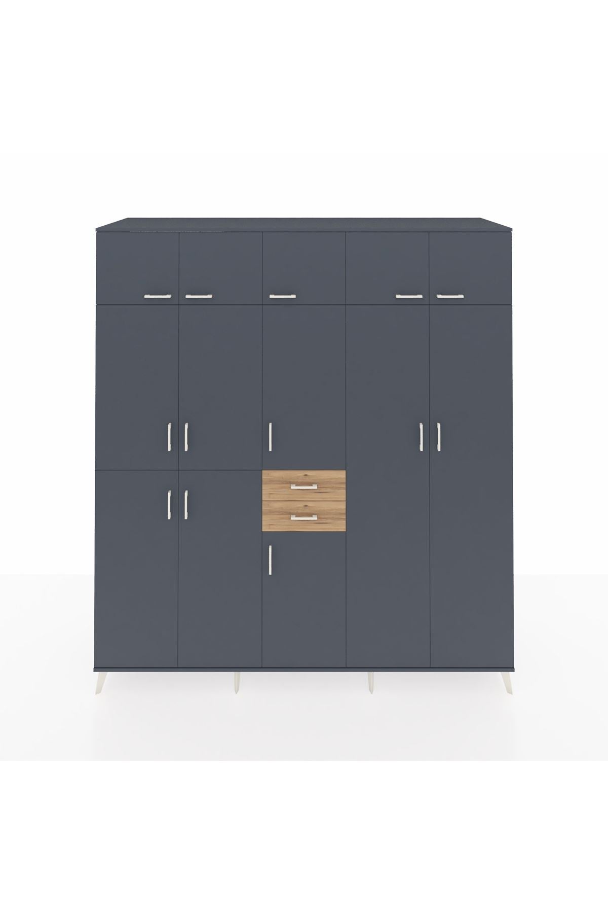 Kronos Dolap 10 Raflı 2 Çekmeceli 3 Askılı 220x59x243 Antrasit-Antrasit/Çam