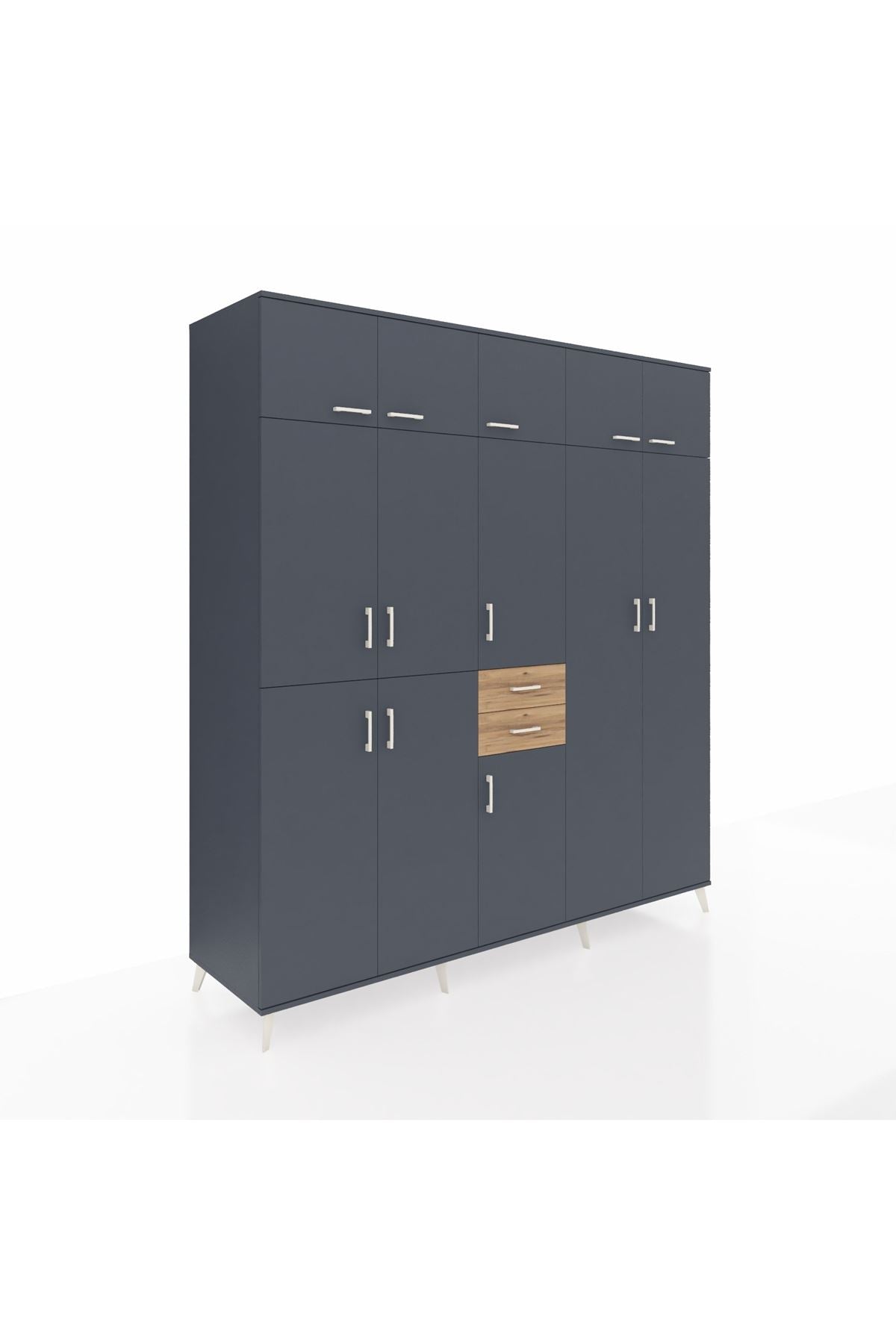 Kronos Dolap 10 Raflı 2 Çekmeceli 3 Askılı 220x59x243 Antrasit-Antrasit/Çam