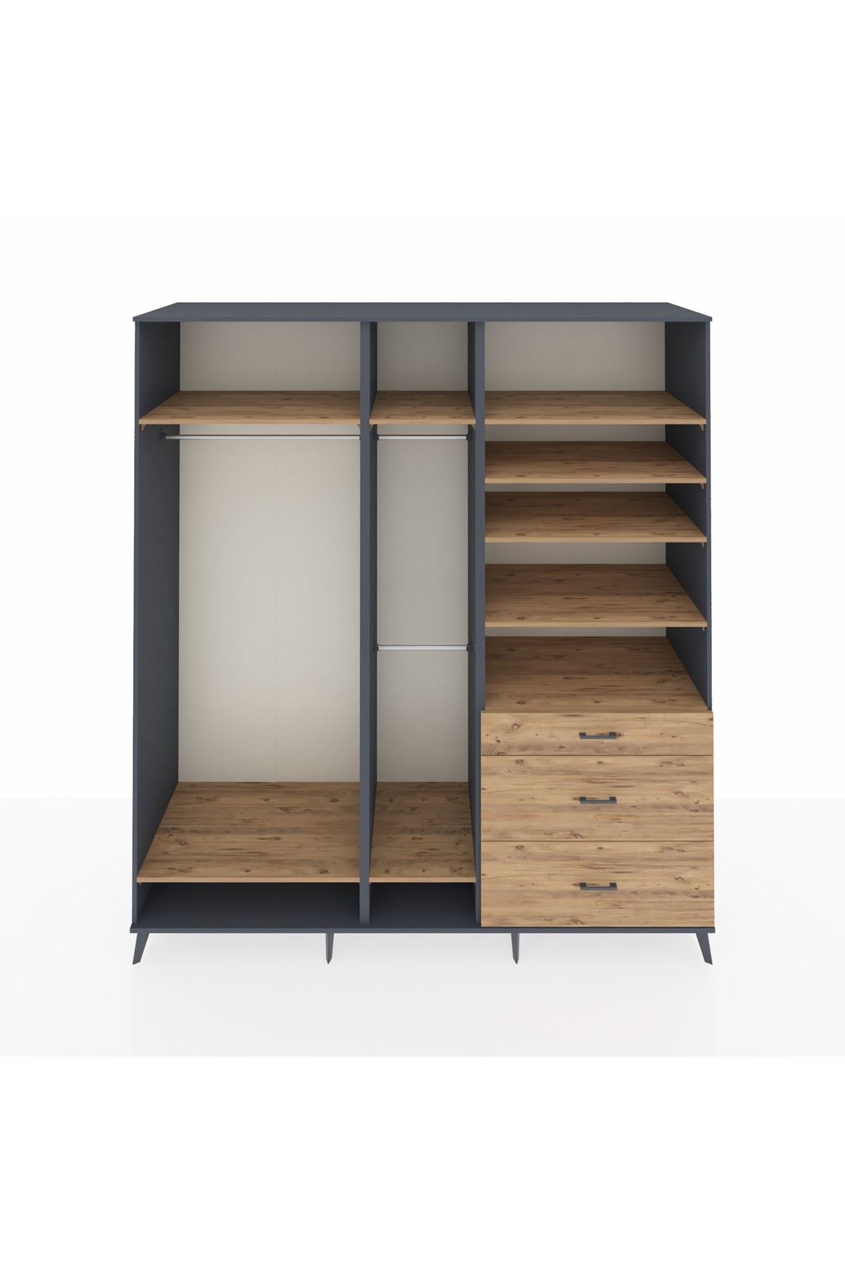 Kronos Dolap 9 Raflı 3 Çekmeceli 3 Askılı 220x59x243 Antrasit-Çam/Çam