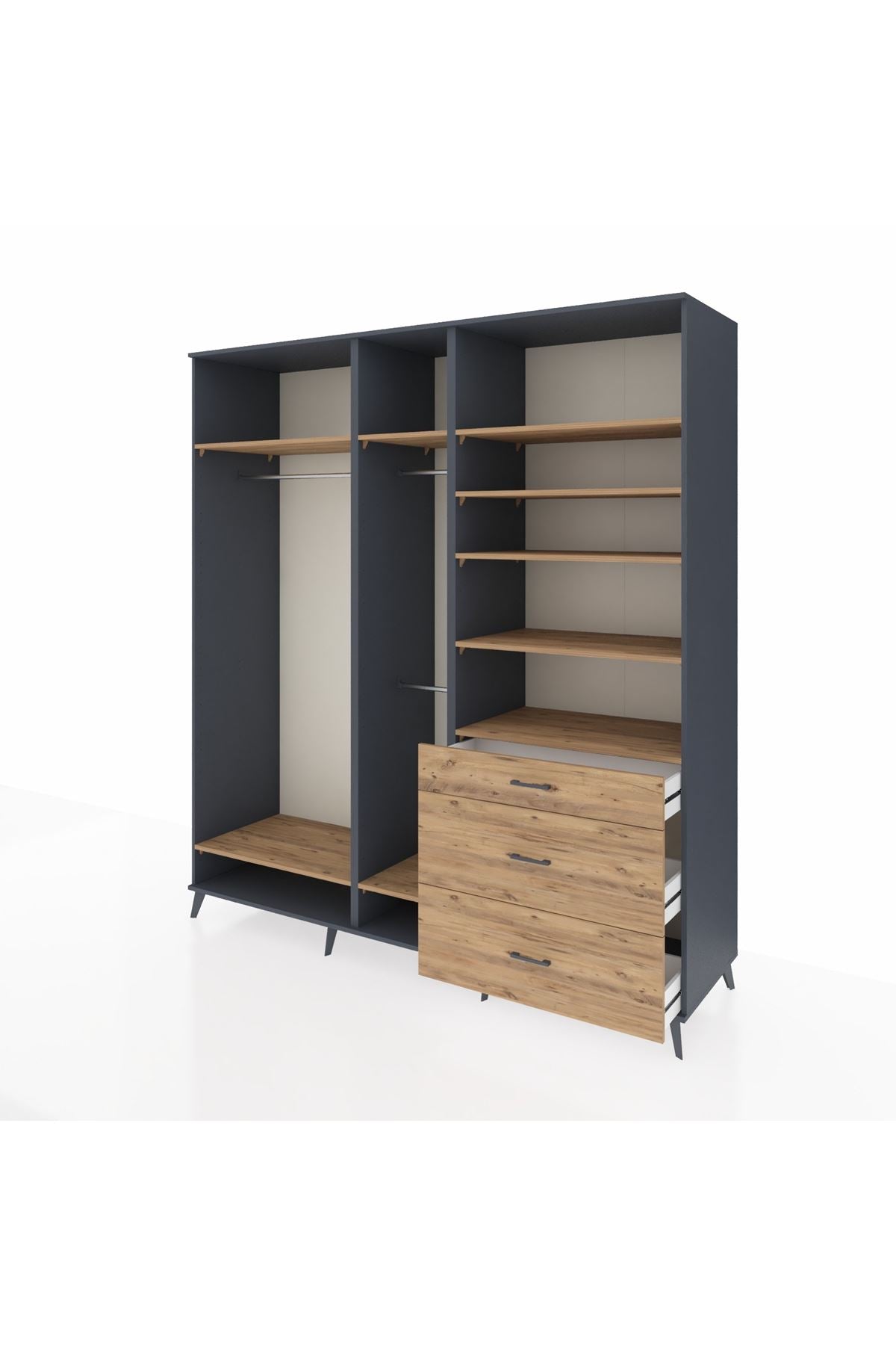 Kronos Dolap 9 Raflı 3 Çekmeceli 3 Askılı 220x59x243 Antrasit-Çam/Çam