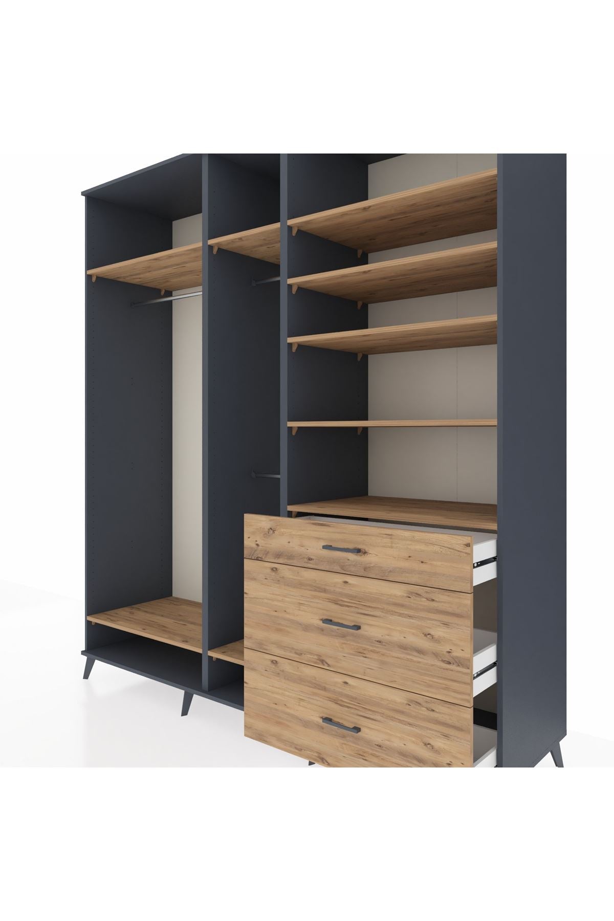 Kronos Dolap 9 Raflı 3 Çekmeceli 3 Askılı 220x59x243 Antrasit-Çam/Çam