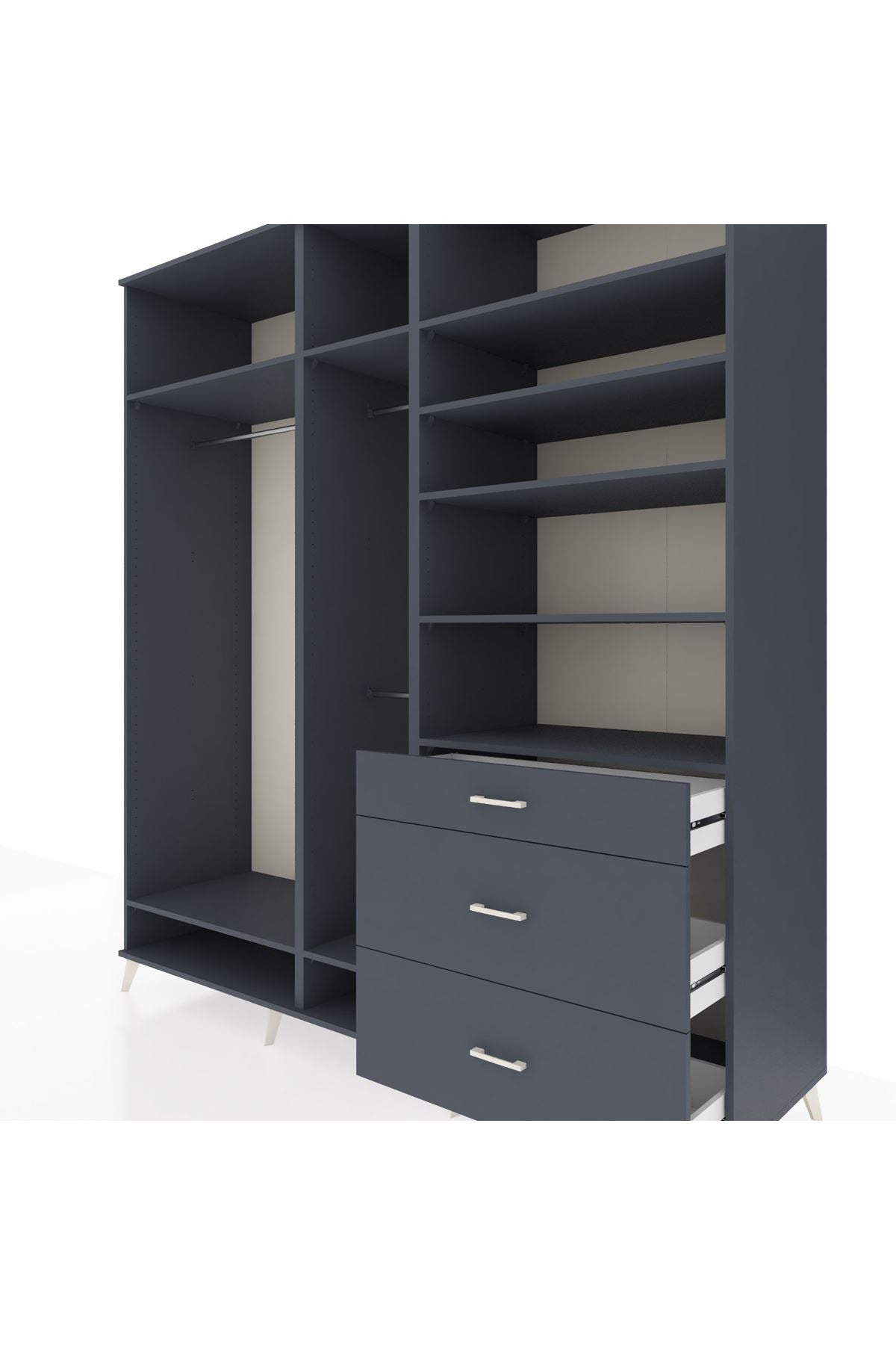 Kronos Dolap 9 Raflı 3 Çekmeceli 3 Askılı 220x59x243 Antrasit-Antrasit/Antrasit