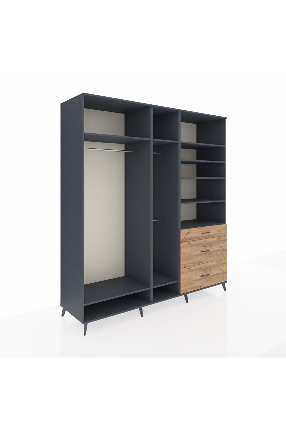 Kronos Dolap 9 Raflı 3 Çekmeceli 3 Askılı 220x59x243 Antrasit-Antrasit/Çam