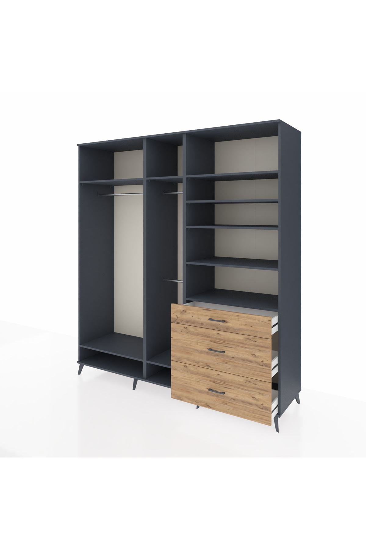 Kronos Dolap 9 Raflı 3 Çekmeceli 3 Askılı 220x59x243 Antrasit-Antrasit/Çam