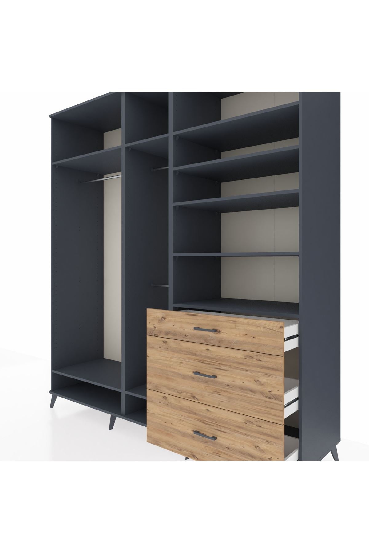 Kronos Dolap 9 Raflı 3 Çekmeceli 3 Askılı 220x59x243 Antrasit-Antrasit/Çam