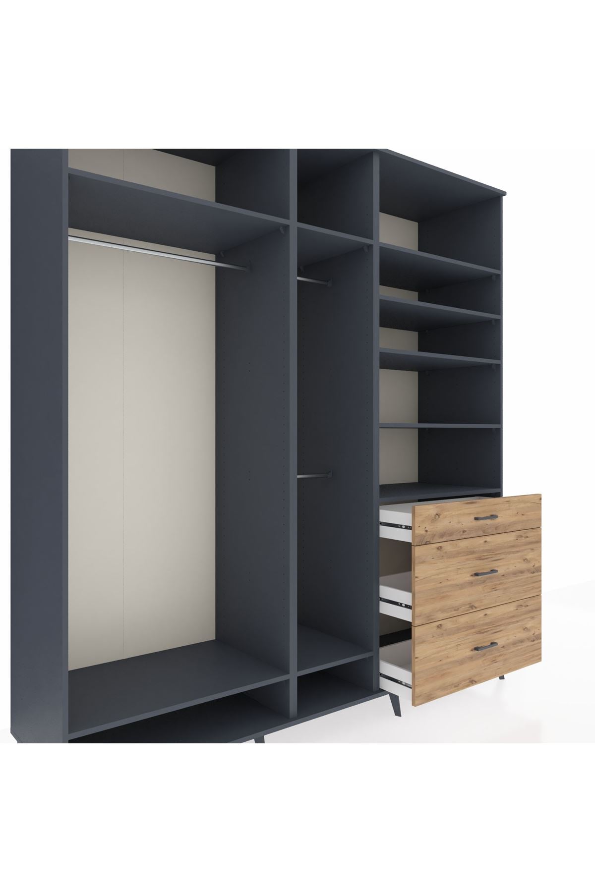 Kronos Dolap 9 Raflı 3 Çekmeceli 3 Askılı 220x59x243 Antrasit-Antrasit/Çam