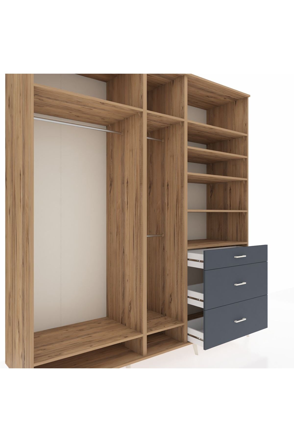 Kronos Dolap 9 Raflı 3 Çekmeceli 3 Askılı 220x59x243 Çam-Çam/Antrasit