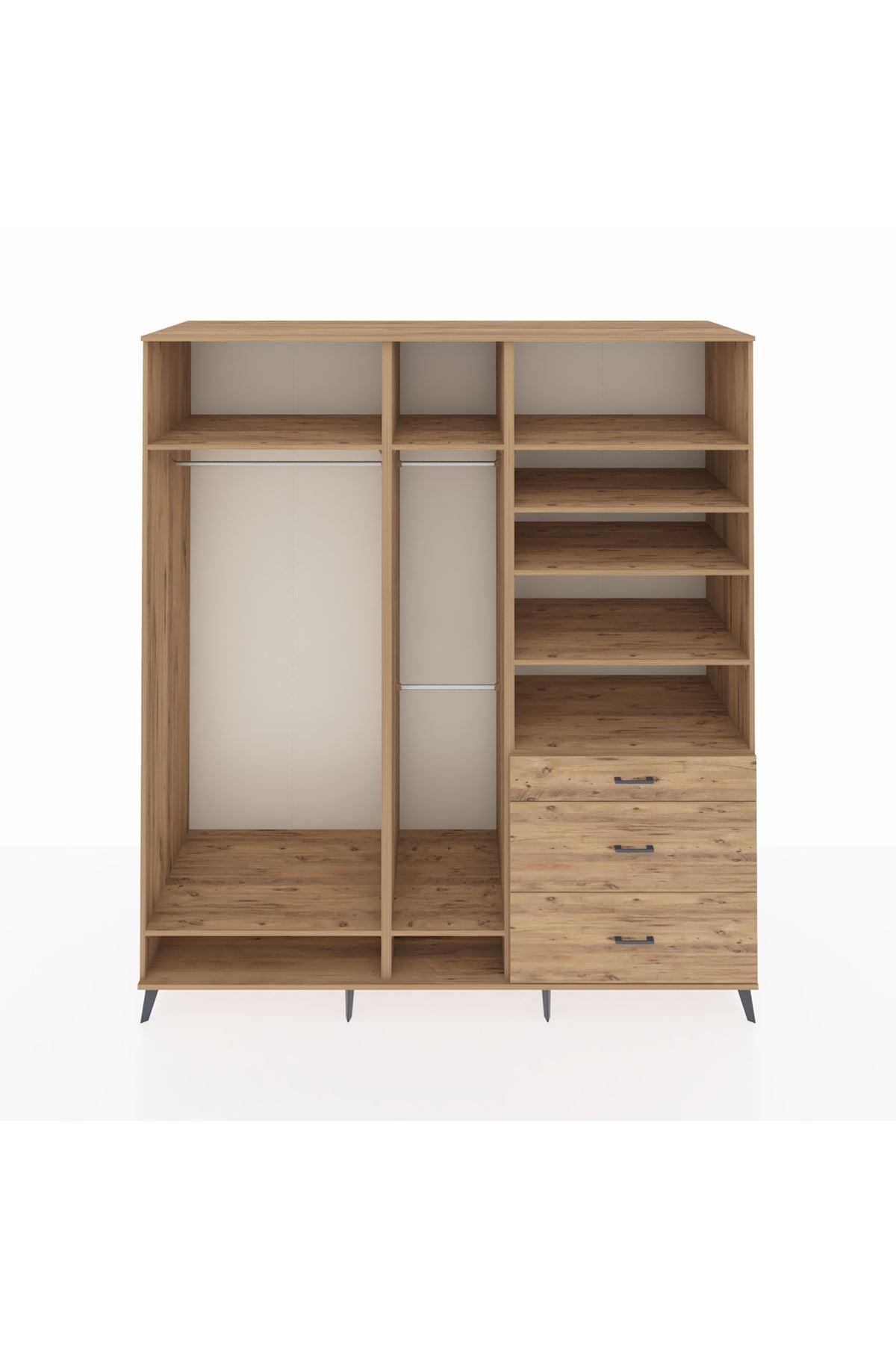 Kronos Dolap 9 Raflı 3 Çekmeceli 3 Askılı 220x59x243 Çam-Çam/Çam