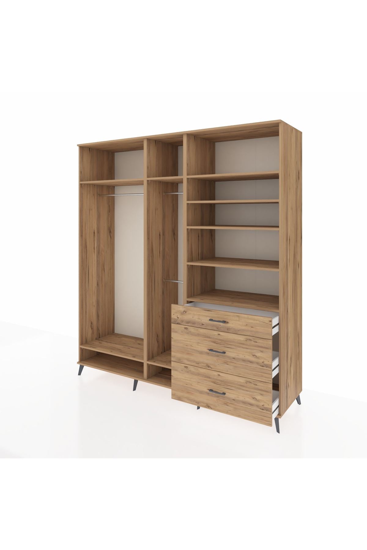 Kronos Dolap 9 Raflı 3 Çekmeceli 3 Askılı 220x59x243 Çam-Çam/Çam