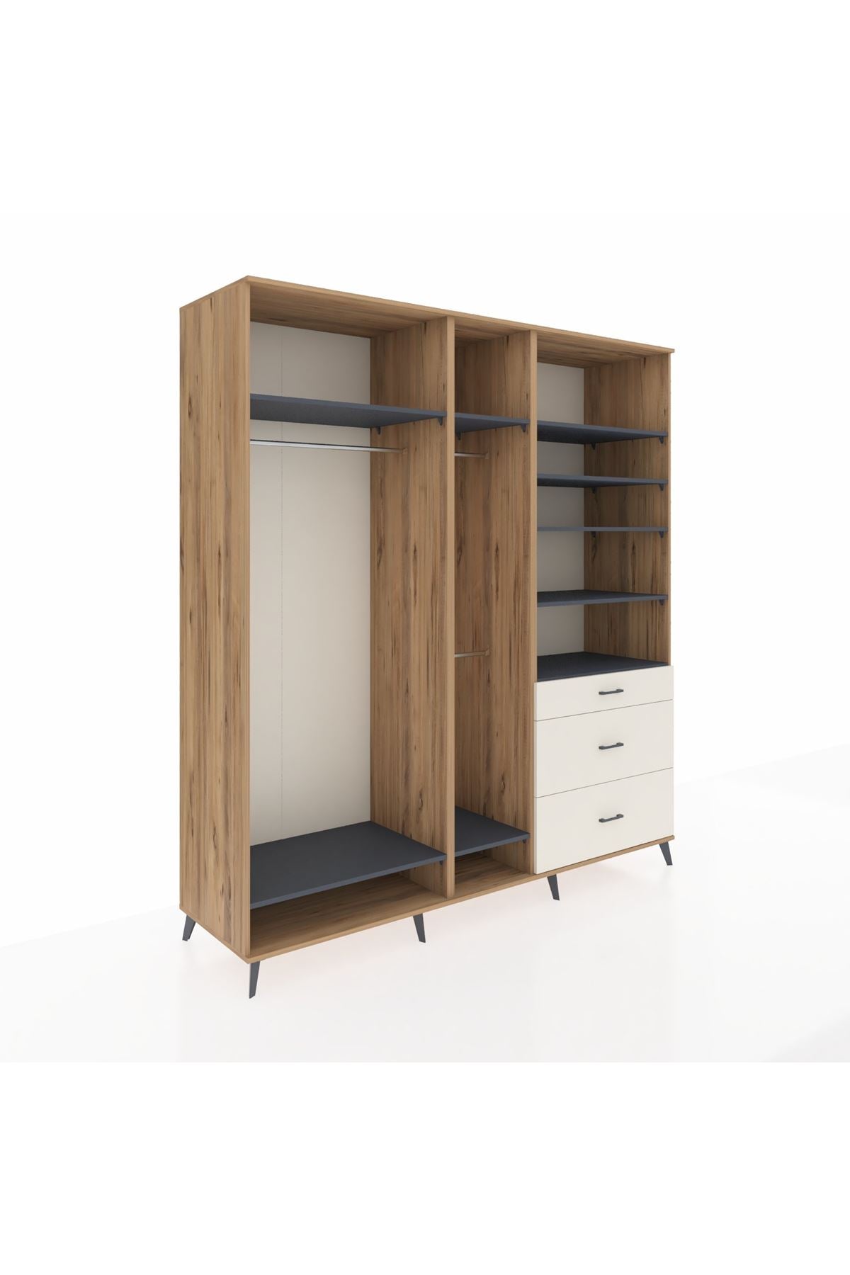 Kronos Dolap 9 Raflı 3 Çekmeceli 3 Askılı 220x59x243 Çam-Antrasit/Aytaşı