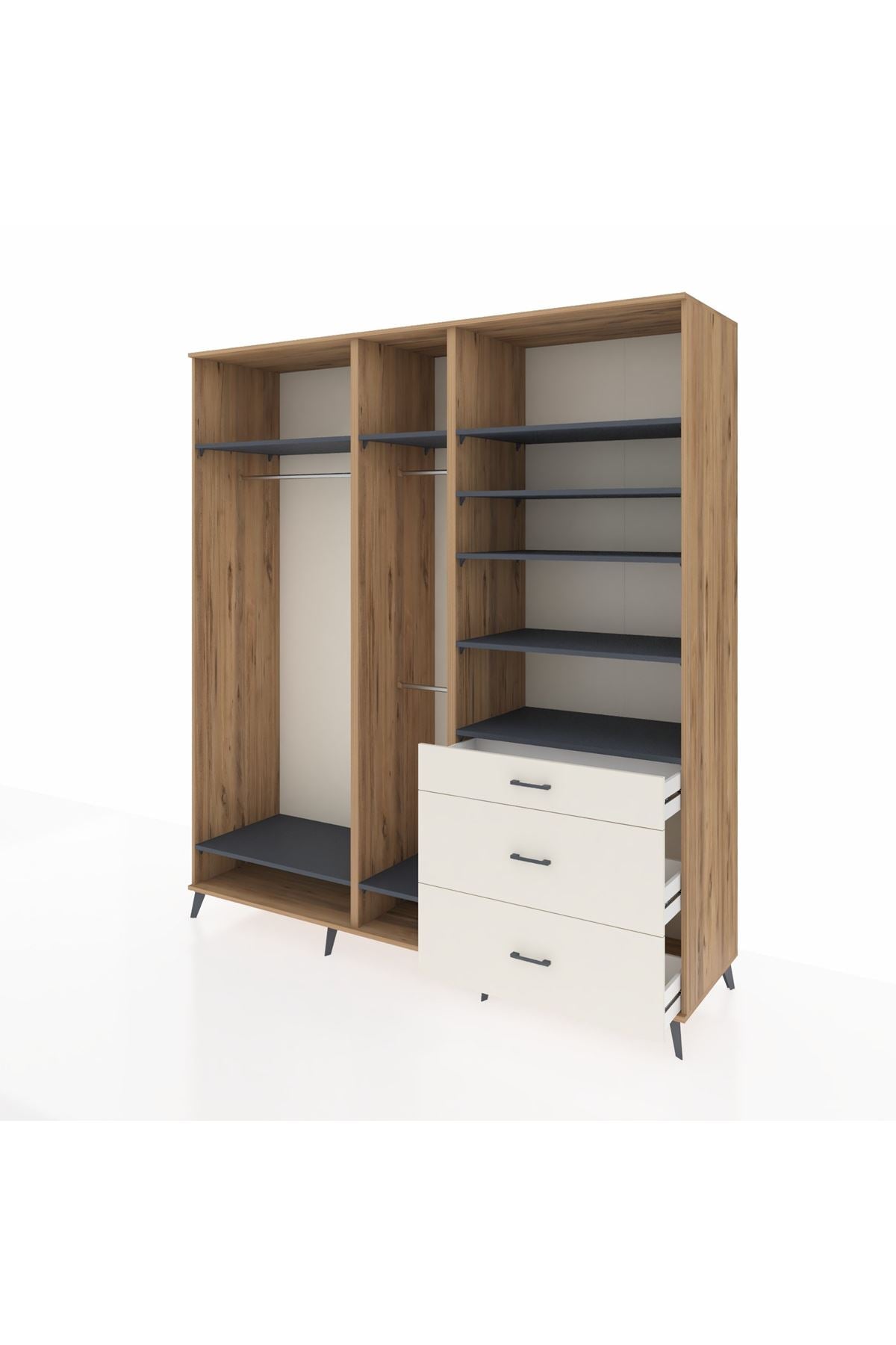 Kronos Dolap 9 Raflı 3 Çekmeceli 3 Askılı 220x59x243 Çam-Antrasit/Aytaşı