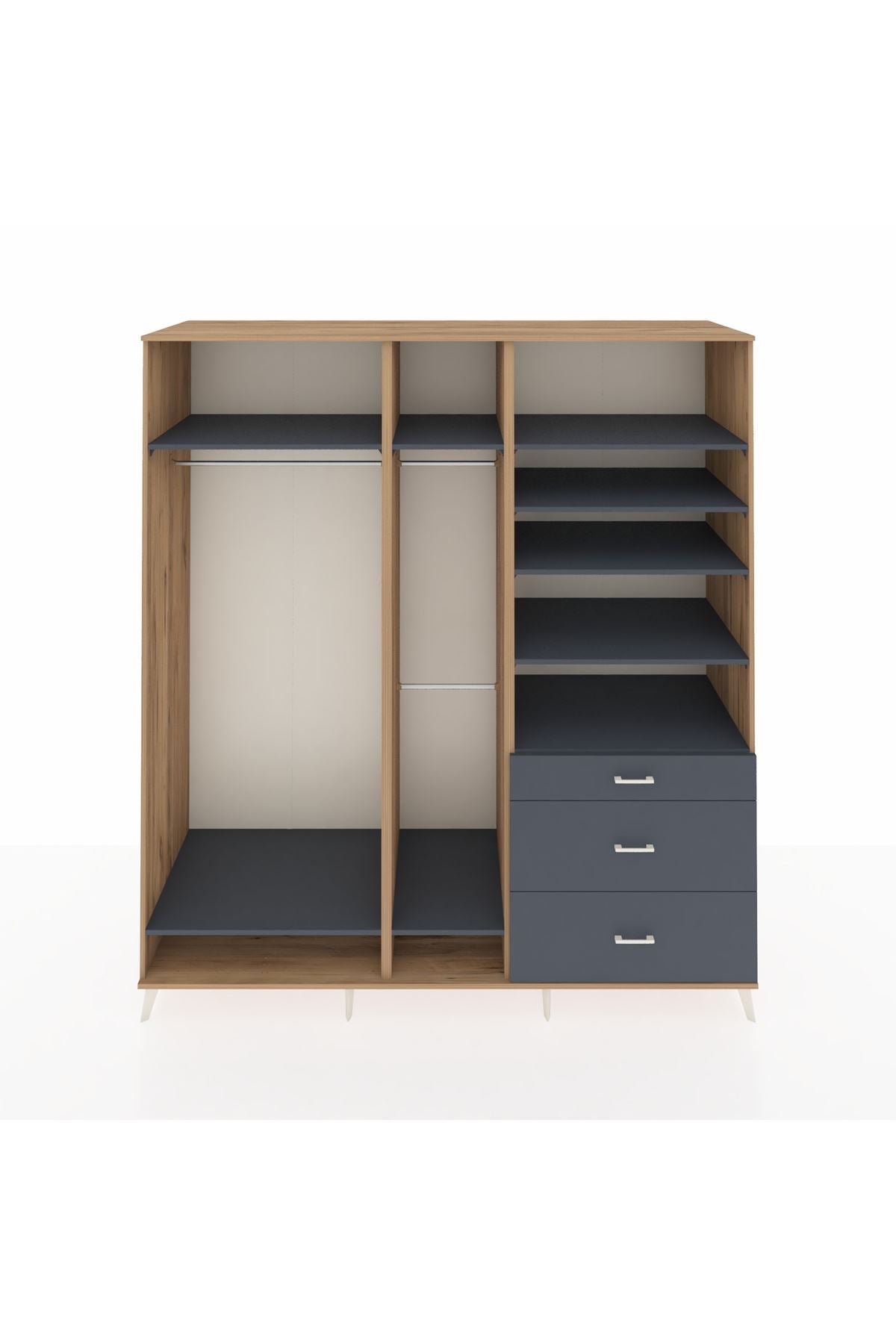 Kronos Dolap 9 Raflı 3 Çekmeceli 3 Askılı 220x59x243 Çam-Antrasit/Antrasit