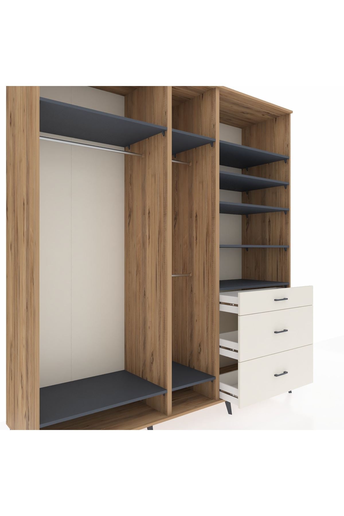 Kronos Dolap 9 Raflı 3 Çekmeceli 3 Askılı 220x59x243 Çam-Antrasit/Aytaşı