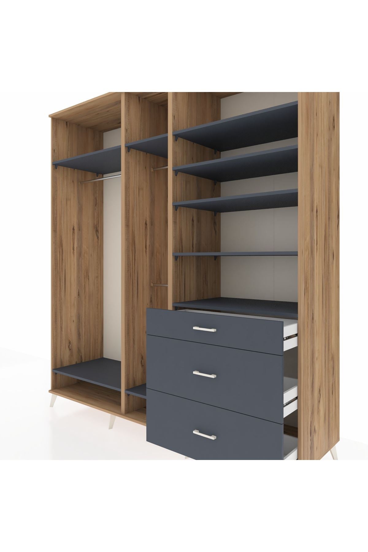 Kronos Dolap 9 Raflı 3 Çekmeceli 3 Askılı 220x59x243 Çam-Antrasit/Antrasit