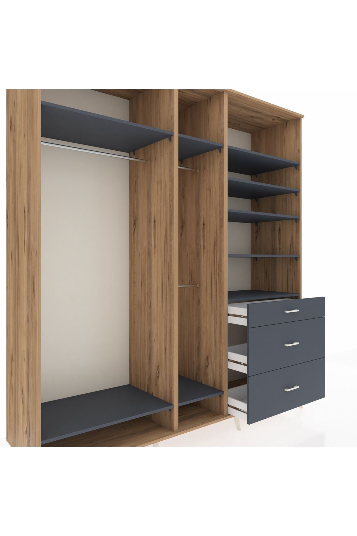 Kronos Dolap 9 Raflı 3 Çekmeceli 3 Askılı 220x59x243 Çam-Antrasit/Antrasit