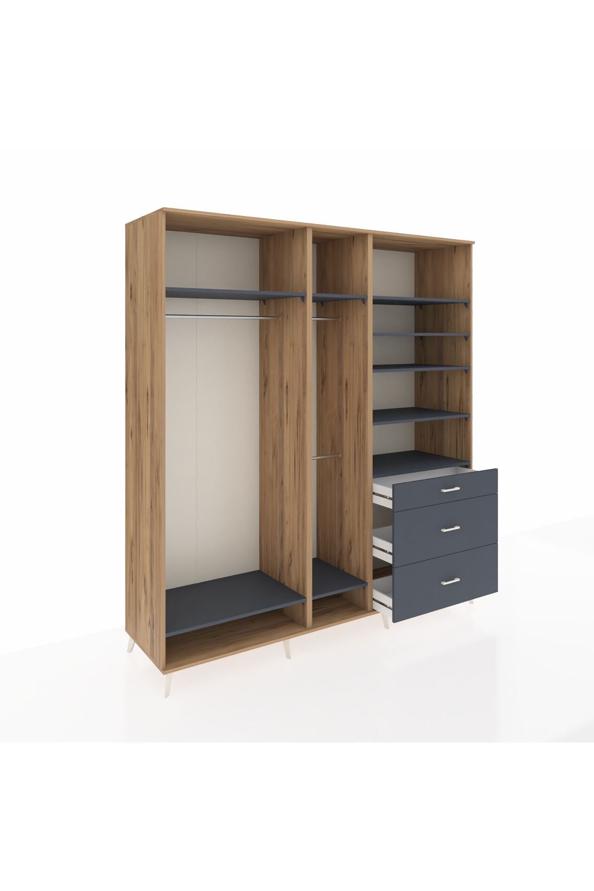 Kronos Dolap 9 Raflı 3 Çekmeceli 3 Askılı 220x59x243 Çam-Antrasit/Antrasit