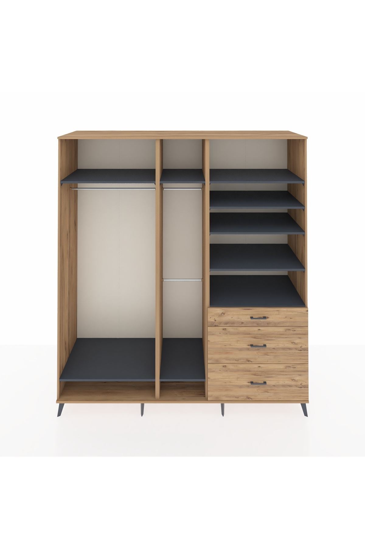 Kronos Dolap 9 Raflı 3 Çekmeceli 3 Askılı 220x59x243 Çam-Antrasit/Çam