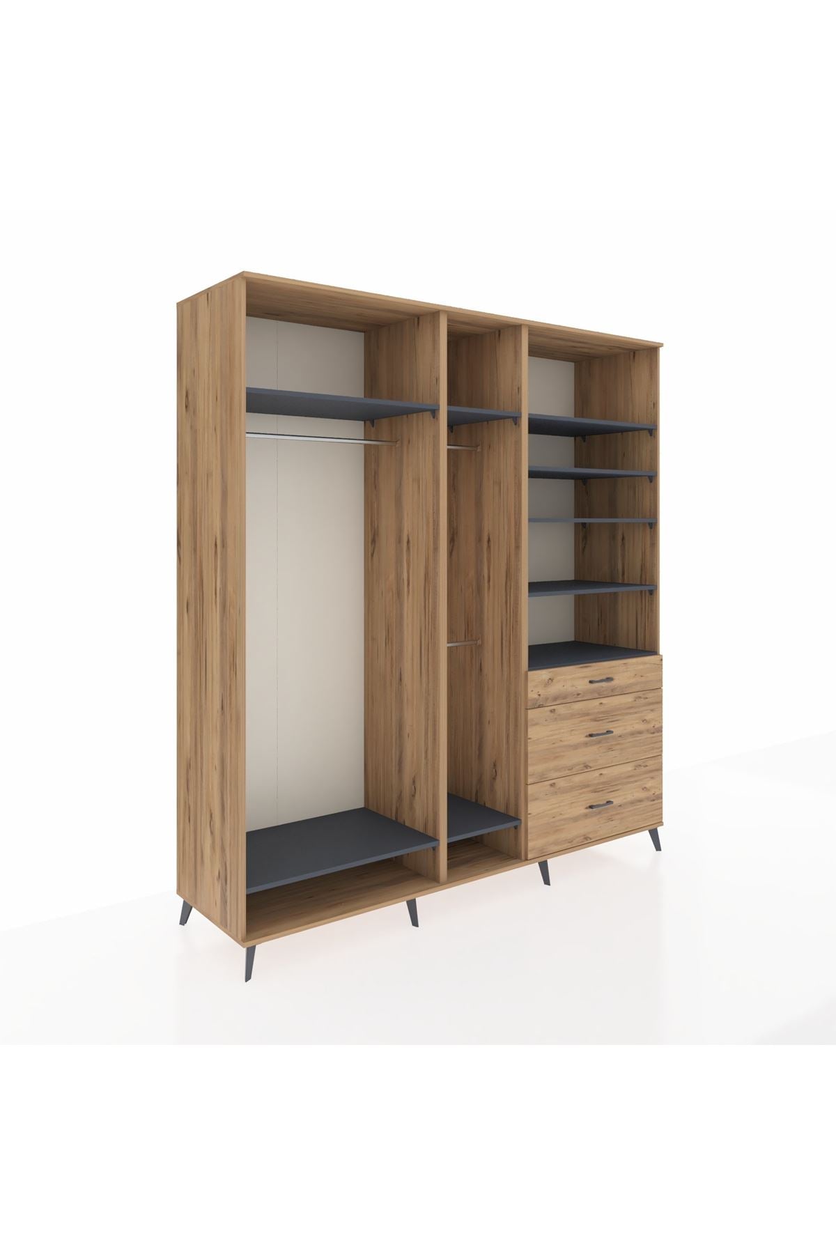 Kronos Dolap 9 Raflı 3 Çekmeceli 3 Askılı 220x59x243 Çam-Antrasit/Çam